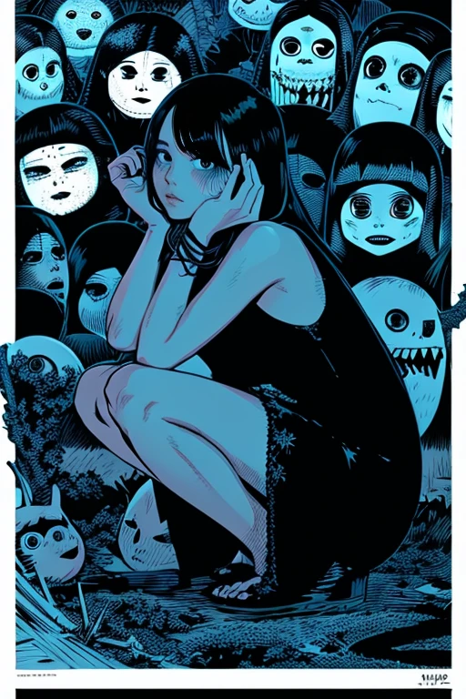 A poster depicting an Asian woman with many monsters, squat、Horror manga style, Nightcore, Made from vines, Dust pile, Realistic Hyper Detail, Dark White, Supernatural realism