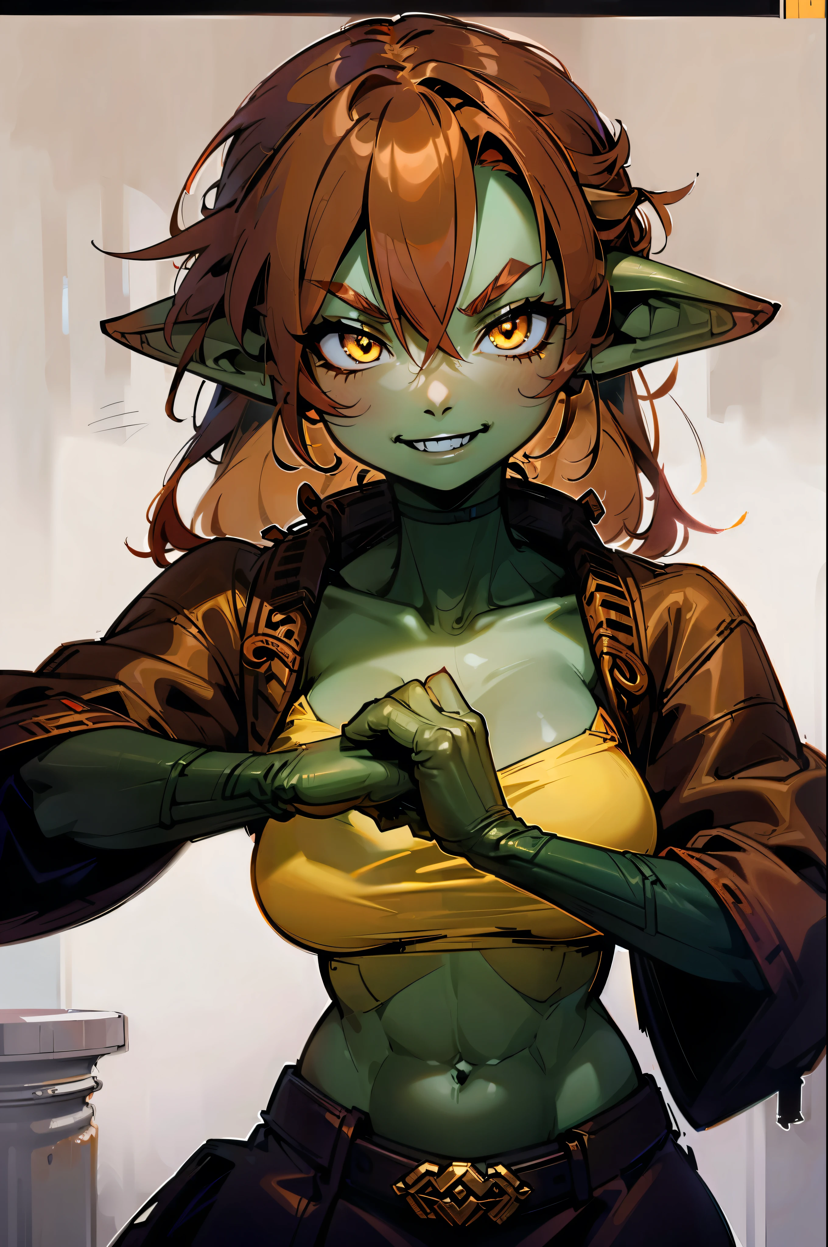 (((1 goblin woman))), ((detailed yellow eyes)), ((red hair)), large breasts, muscular body, monk robes, playful smile, ((fist in hand)), in a rocky wasteland, best quality, masterpiece, ultra-detailed