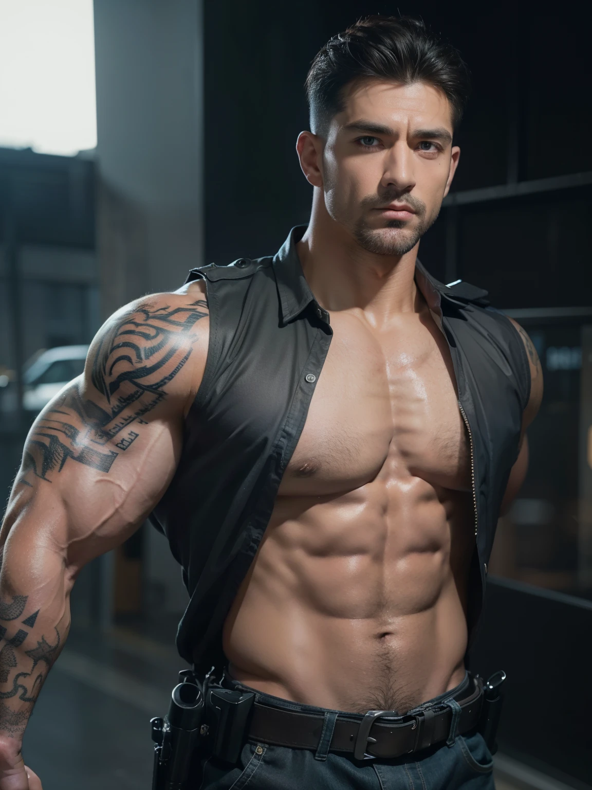 Masterpiece, best quality, realistic skin texture, realistic clothes texture, realistic hair, realistic, 8k resolution, muscular, big chest, big arms, tattooed arms, veiny, muscular chest, muscular arms, athlete, handsome man, cold face, nt male, police officer, police uniform, open chest, ripped police uniform open chest, police