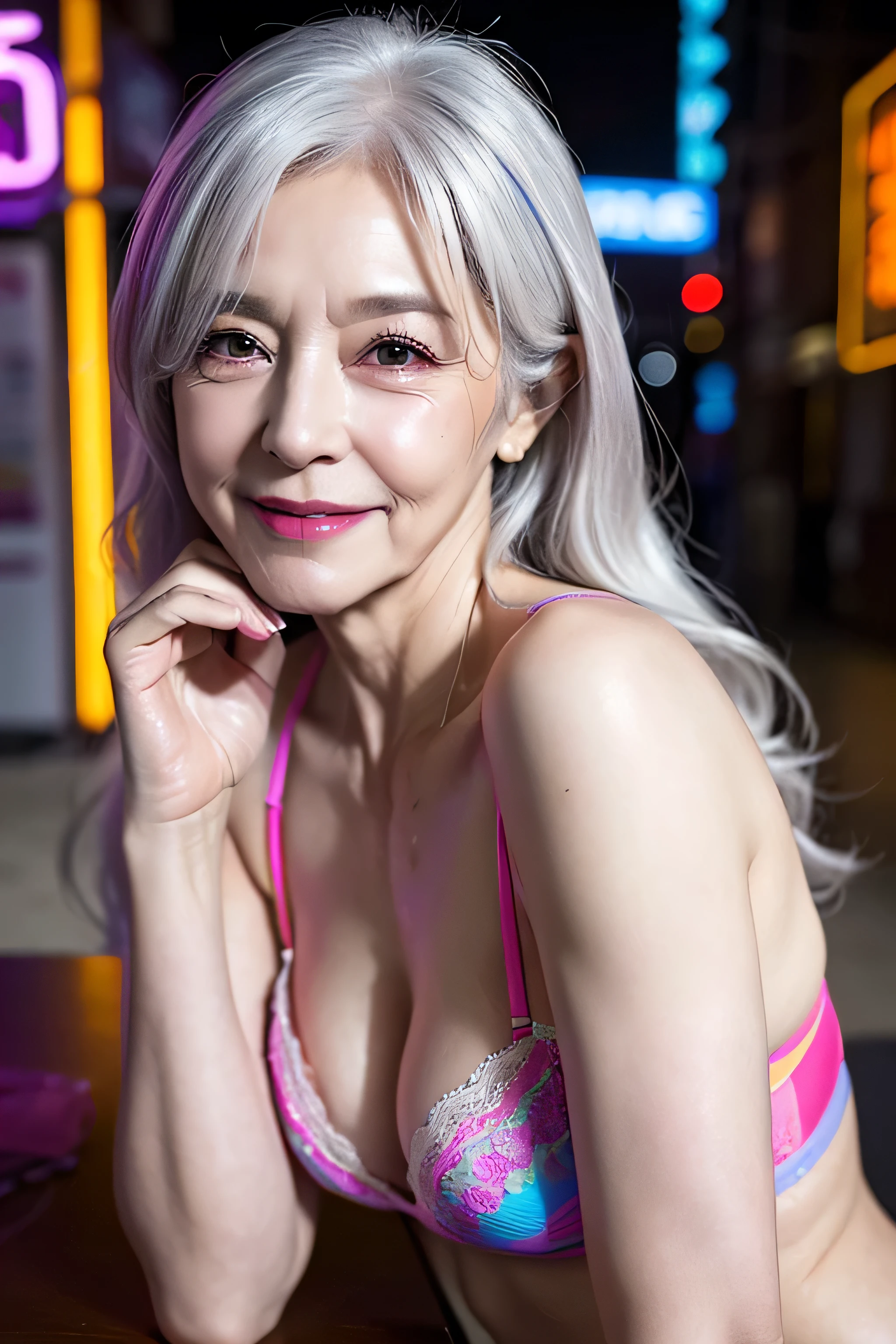 realistic,masterpiece,(65 years old:1.4),silver hair,(there are many wrinkles on her face:1.3),old woman,((colorful neon color erotic lingerie)),smile,sexy posing,beautiful hip,wave hair,erotic face,Enhance,motel, Pussy slit
