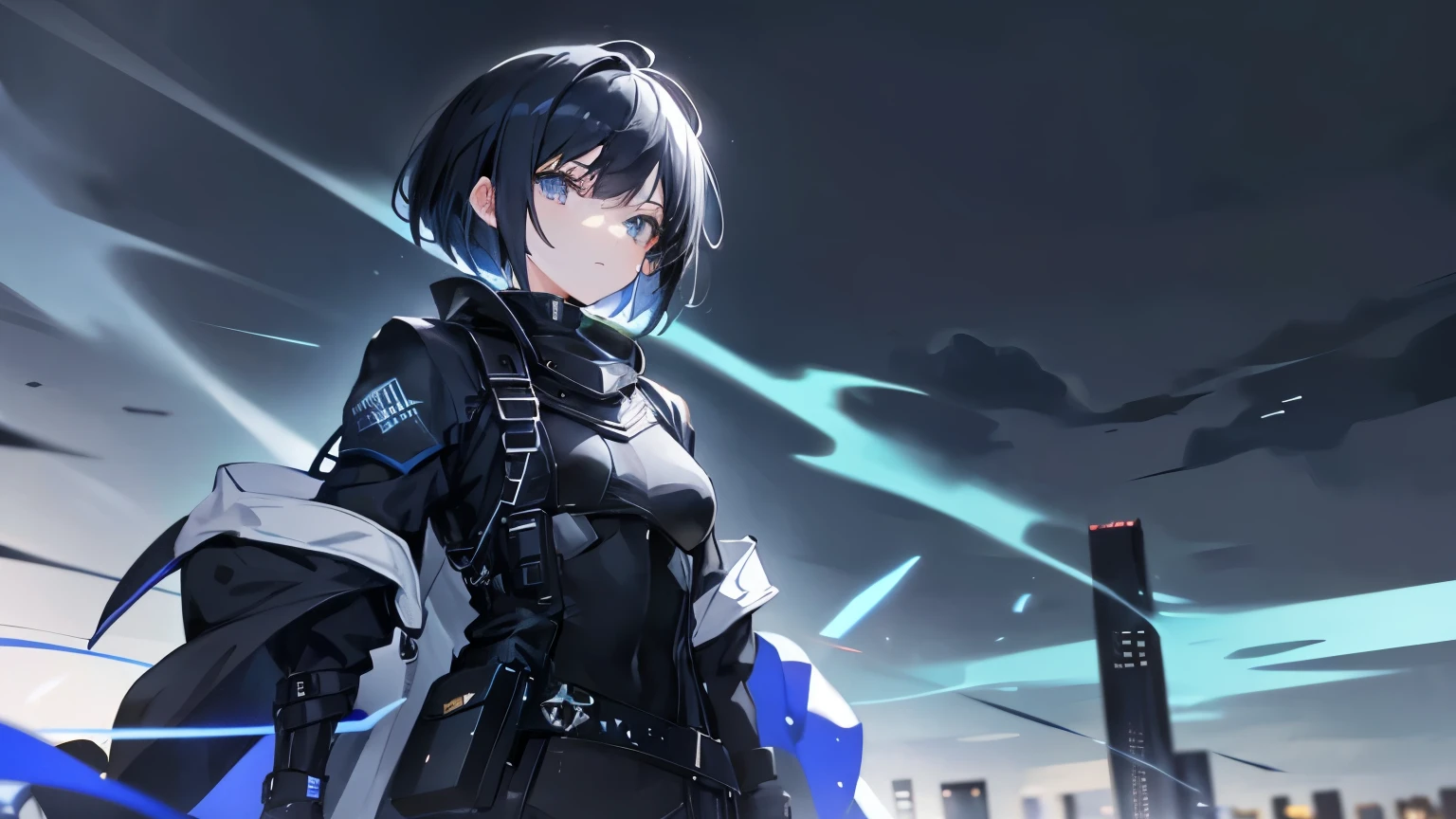 color scheme blue, simplistic, modern, y2k, anime idol with short black hair, knight girl, techwear, angelical background, dark night, cloudy night
