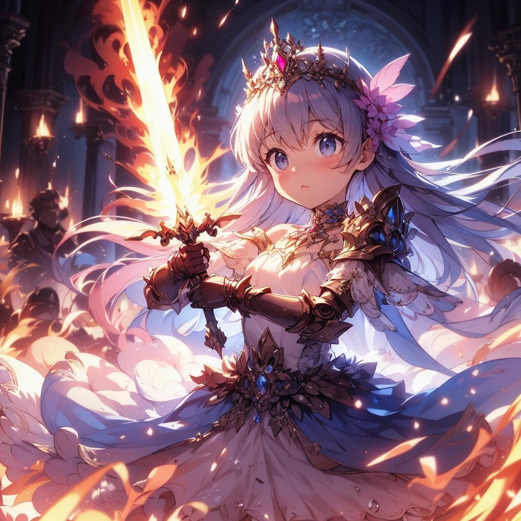 (Exquisite, beautiful, Very detailed, masterpiece, High resolution,high quality,High resolution), (Well-formed face,Soft and thin lines: 1.2, Beautiful and delicate illustrations with a mature and transparent feel, Pixiv-inspired anime illustration,Cute pastel-colored girl-style illustrations that are going viral among Japanese people on Twitter),In the dark background, a brave and slightly scarred fairy princess knight is fighting with a two-handed sword imbued with the magic of inflammation.,The whole body is slightly dirty with dust and scratches.,inflammation,sparks,Whole body,From afar,Beautiful, clear fairy wings growing from her back, burn,There is a sense of ambition,((Armored red dress with inflammation motif,Lace, jewels and frills)),(The ends of my hair look like inflammation,The tips of the hair shine),(Earrings,Beautiful choker,Gold ankles),(Deep pink cheeks,Plump pink lips,Pointed Ears,Fair skin, slim), (Severe,Battle Scenes,Fantasy),mature,serious atmosphere,Wear dark magic,Dark Background