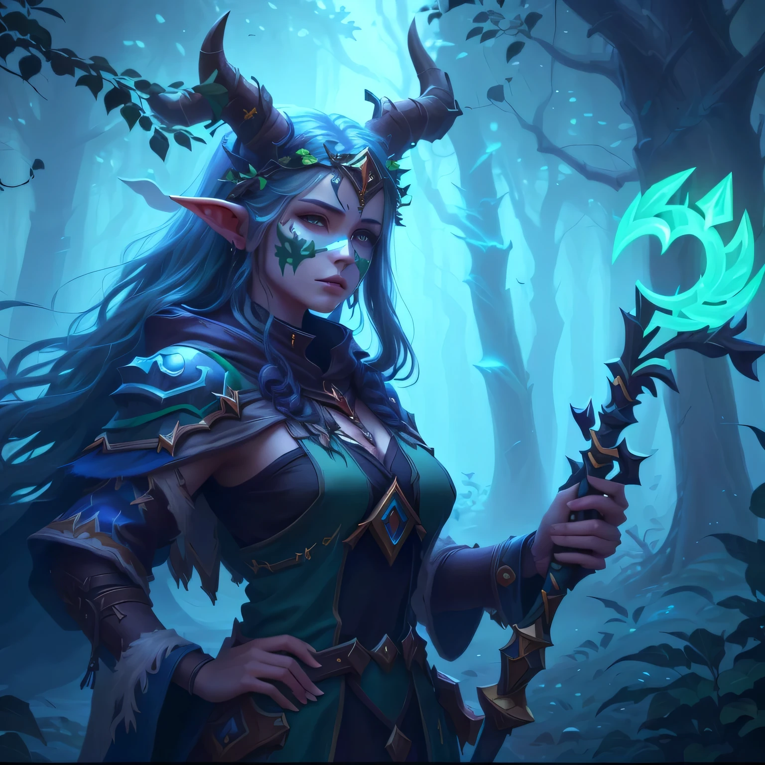 a close up of a woman with a horned head and a staff, druid portrait, world of warcraft elven druid, portrait of a forest mage, druid, nature druid, tree druid, beautiful female druid, alluring tiefling druid, fantasy hearthstone art style, druid goddess, female druid, 8 k hd wallpaperjpeg artifact, Green and White Face Mask