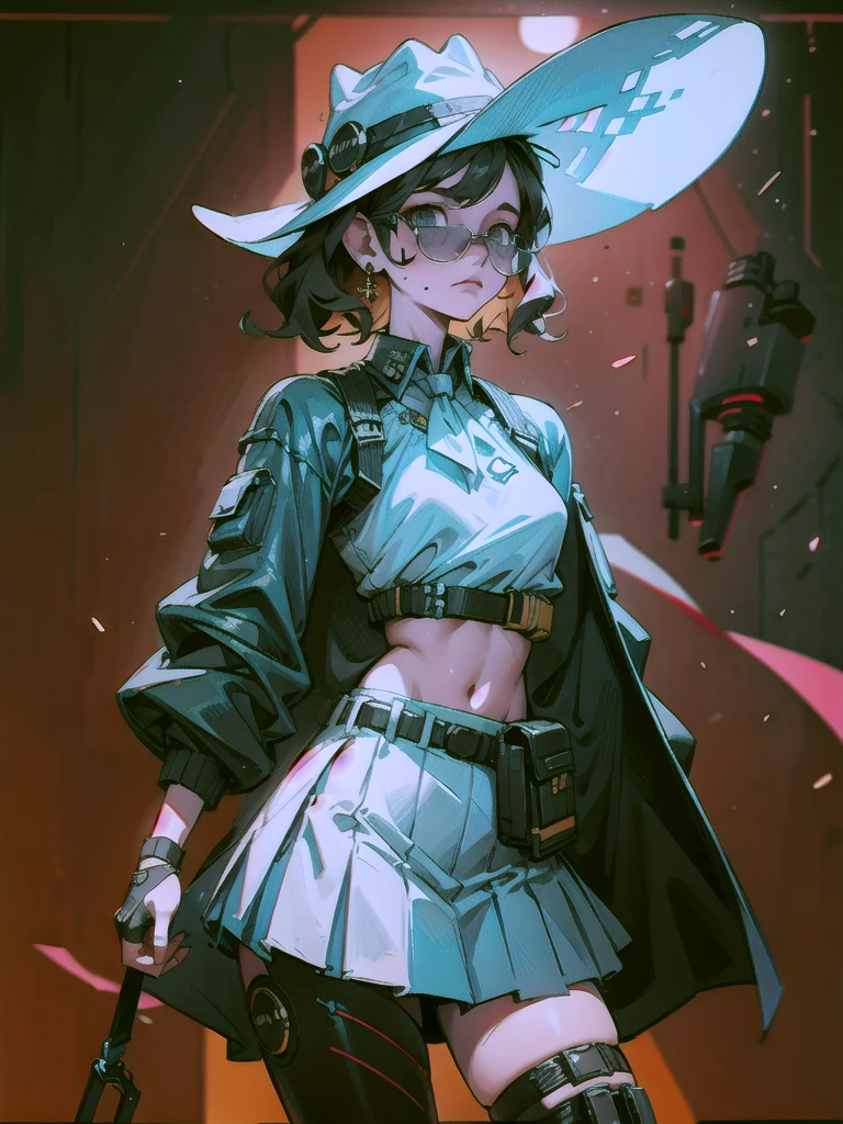 Sci-Fi fashion, high-tech gear, future, cowgirl costume, vest, cowboy hat, fingerless gloves, midriff, neckerchief, short skirt, holster, absurdres, RAW photo, extremely delicate and beautiful, masterpiece, Best Quality, ultra high resolution, 32k, hyperrealistic, ultra-detailed, detailed description, pale skin, 20 years old, tearful mole, earring, short medium hair, wavy hair, whole body shot,