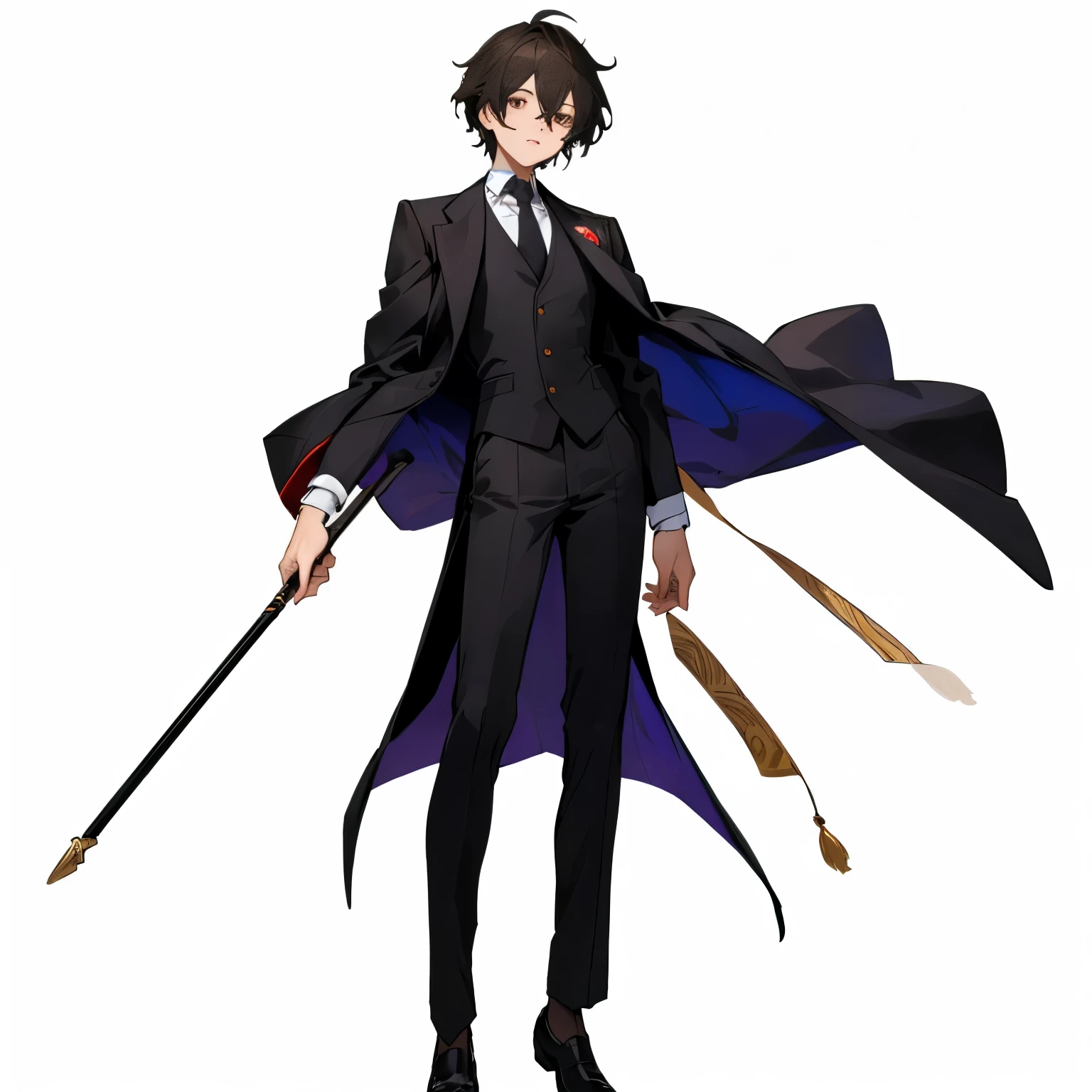 Personaje de anime vestido con traje y corbata con corbata, !!cuerpo completo portrait!!, single character cuerpo completo, cuerpo completo with costume, cuerpo completo!, cuerpo completo picture, vistiendo un traje noble negro, inspirado en Okumura Masanobu, zoomed out cuerpo completo, retrato de cuerpo completo, cuerpo completo single character, cuerpo completo portrait of a short!, anatomicamente correcto, delgado, cabello negro, Brown eyes