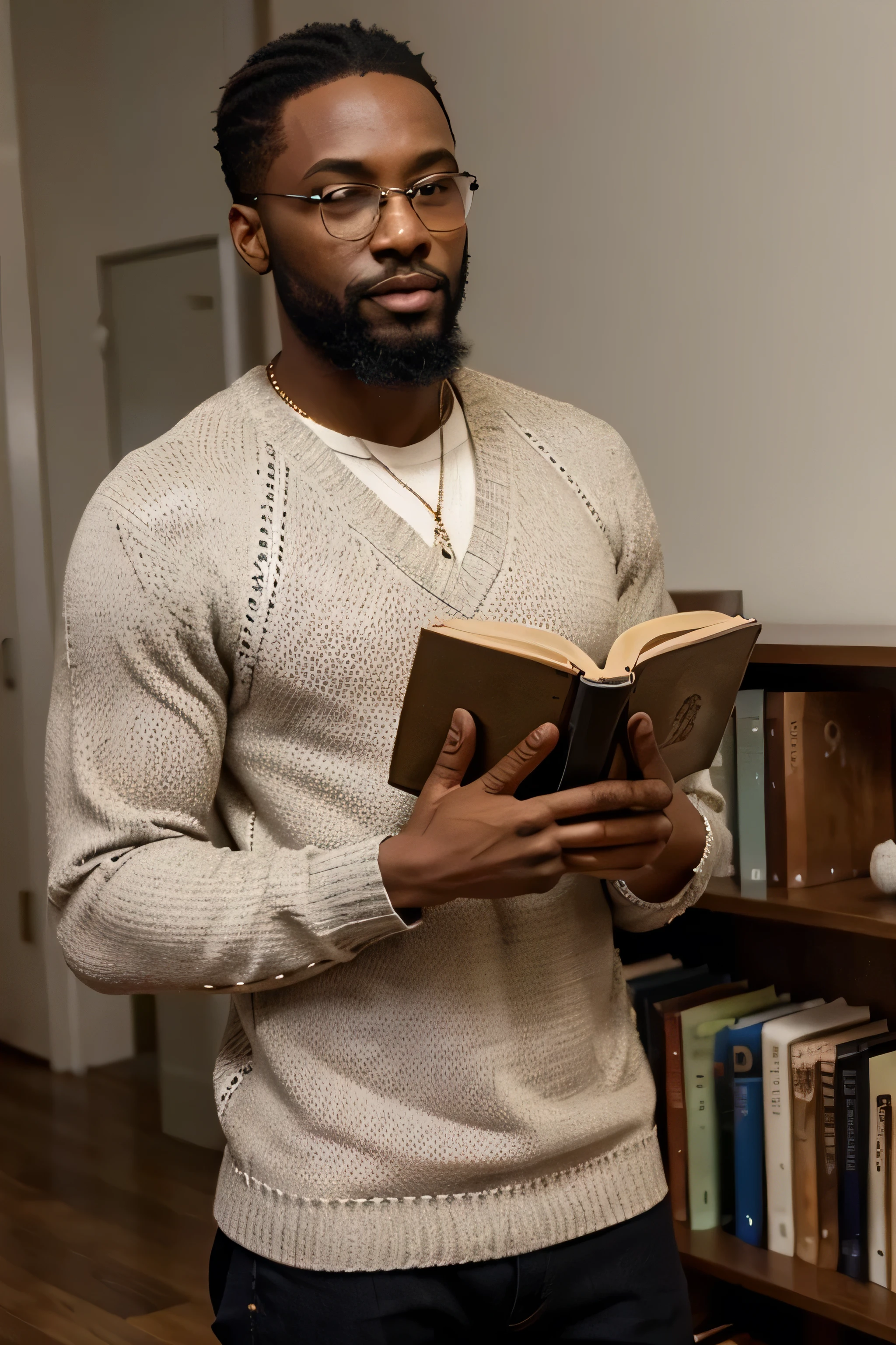 medium-sized black man with a low, well-groomed beard, corte de cabelo baixo, wearing a thin silver chain and wearing a beige sweater with white stripes. The man is standing, looking at a book in his hand that he is reading