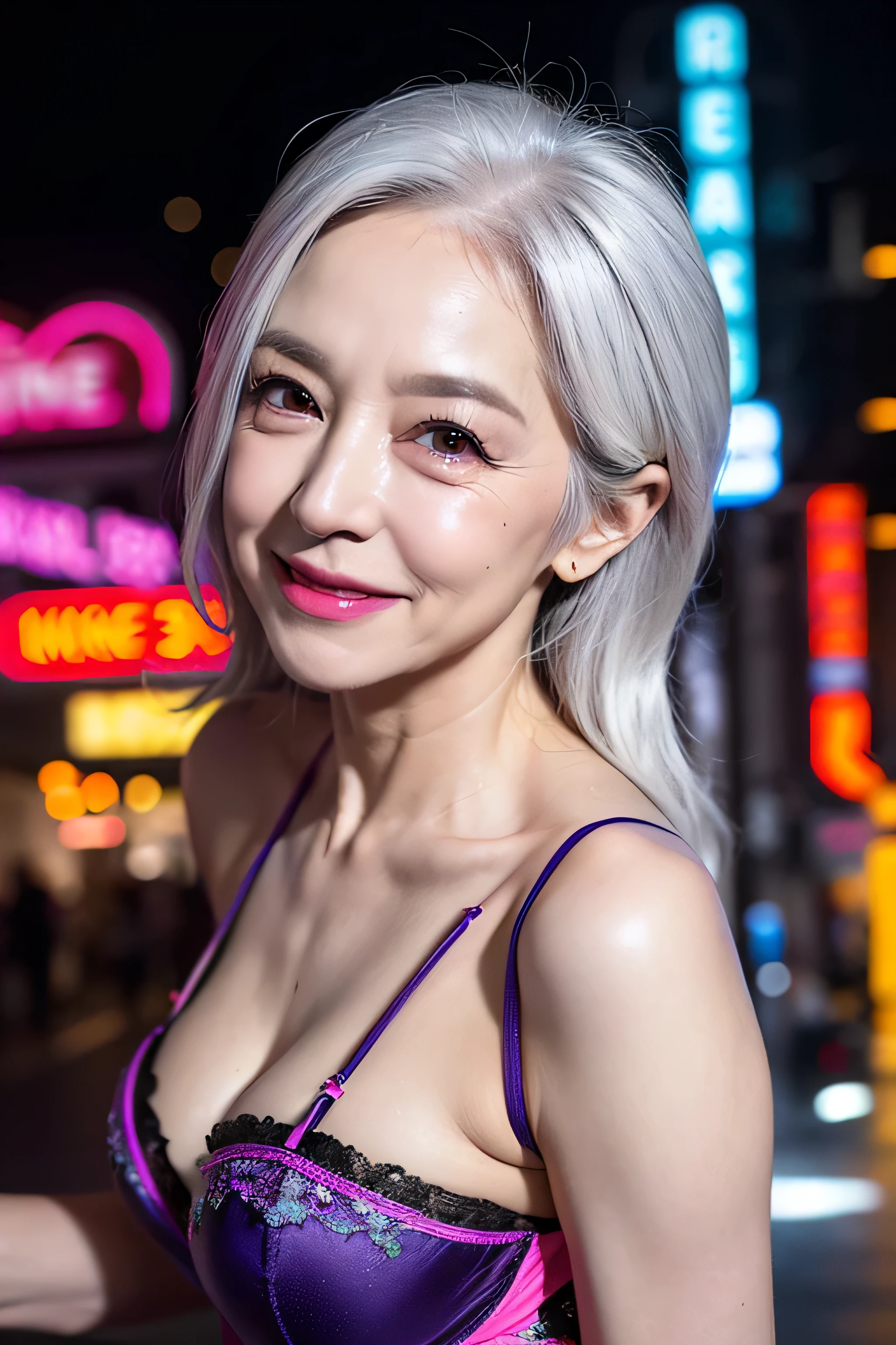 realistic,masterpiece,(65 years old:1.4),silver hair,(there are many wrinkles on her face:1.3),old woman,((colorful neon color erotic lingerie)),smile,sexy posing,beautiful hip,wave hair,erotic face,Enhance,motel, Pussy slit