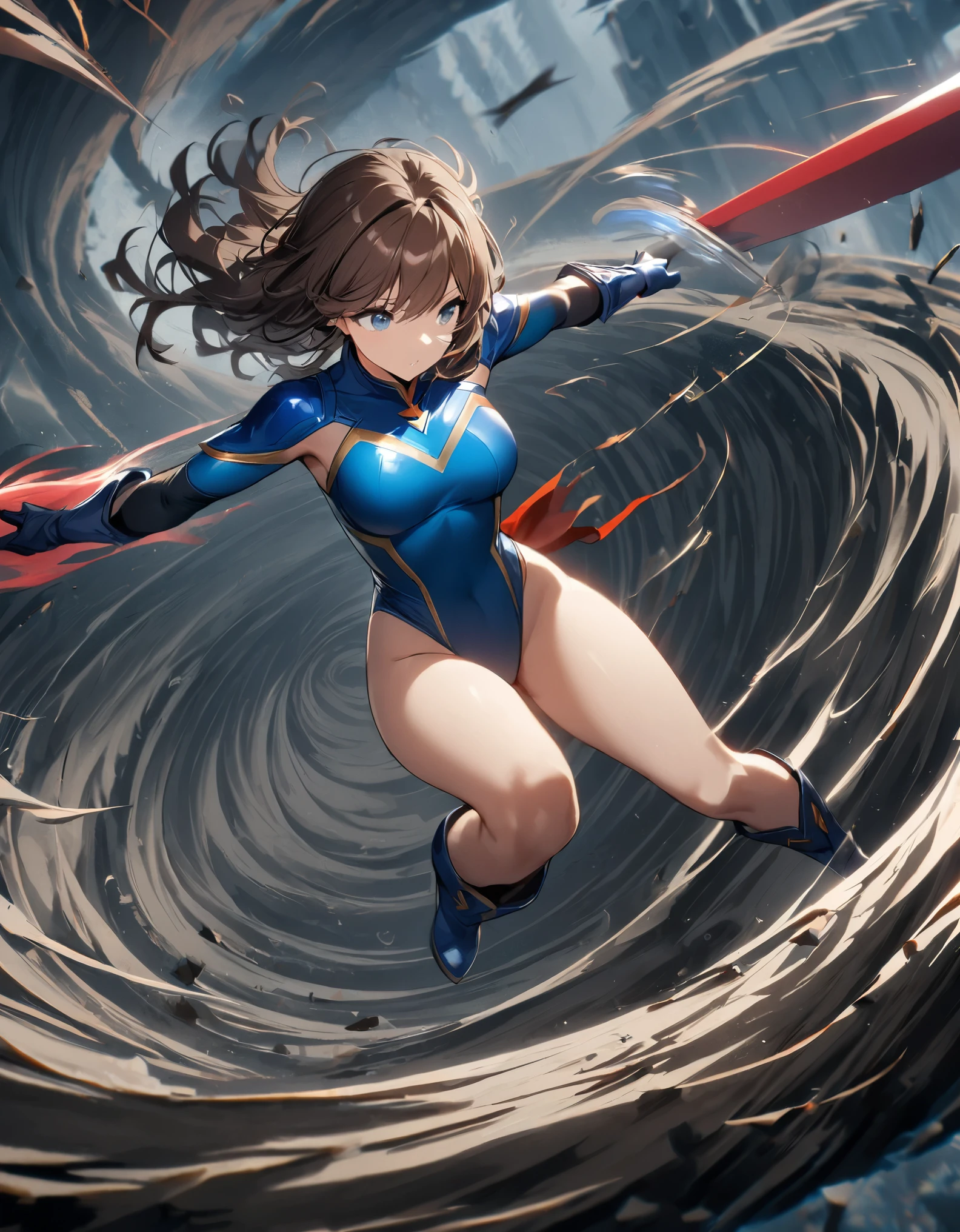 1girl, solo, solo focus, female superhero, medium breasts, leotard, red and blue leotard, bare legs, boots, matching boots, gloves, matching gloves, brown hair, blue-grey eyes, full body. (she spins) at an (incredible speed), creating a whirlwind of air around her. curved sword smash. she spins into a ((tornado)).