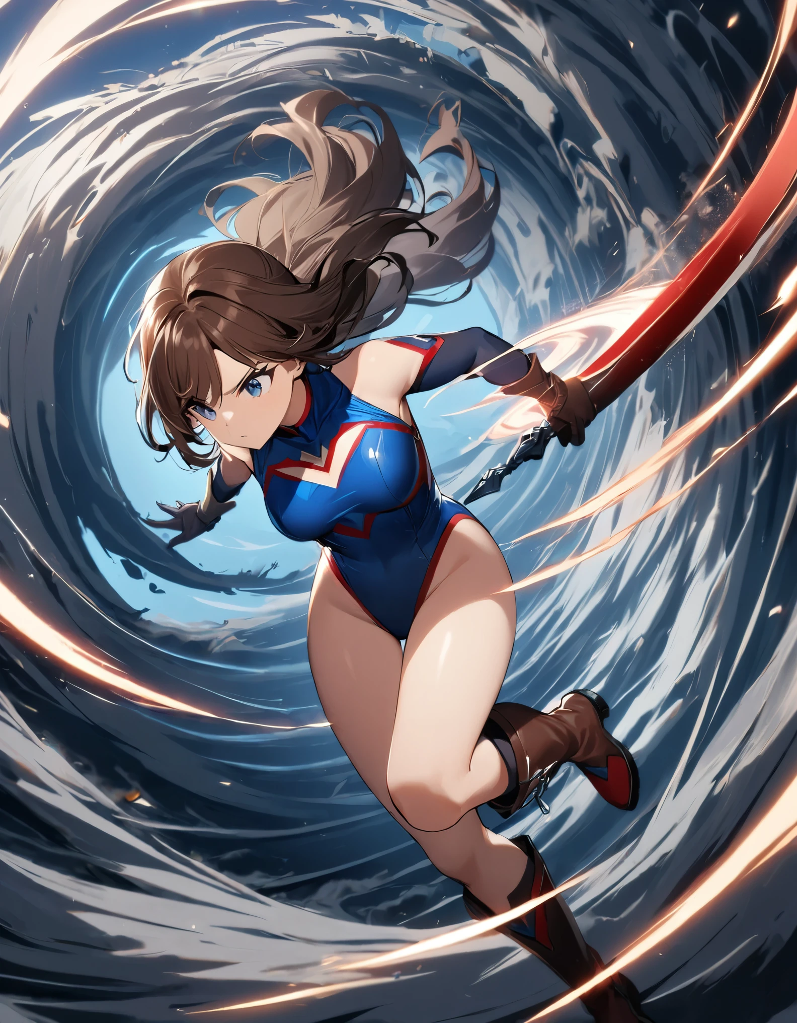 1girl, solo, solo focus, female superhero, medium breasts, leotard, red and blue leotard, bare legs, boots, matching boots, gloves, matching gloves, brown hair, blue-grey eyes, full body. (she spins) at an (incredible speed), creating a whirlwind of air around her. curved sword smash. she spins into a ((tornado)).