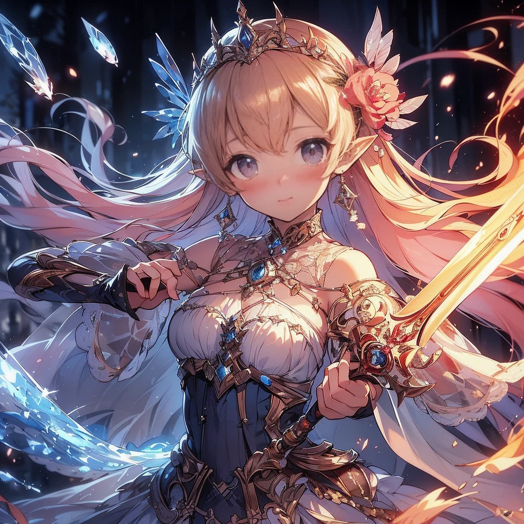 (Exquisite, beautiful, Very detailed, masterpiece, High resolution,high quality,High resolution), (Well-formed face,Soft and thin lines: 1.2, Beautiful and delicate illustrations with a mature and transparent feel, Pixiv-inspired anime illustration,Cute pastel-colored girl-style illustrations that are going viral among Japanese people on Twitter),In the dark background, a brave and slightly scarred fairy princess knight is fighting with a two-handed sword imbued with the magic of inflammation.,The whole body is slightly dirty with dust and scratches.,inflammation,sparks,Whole body,From afar,Beautiful, clear fairy wings growing from her back, burn,There is a sense of ambition,((Armored red dress with inflammation motif,Lace, jewels and frills)),(The ends of my hair look like inflammation,The tips of the hair shine),(Earrings,Beautiful choker,Gold ankles),(Deep pink cheeks,Plump pink lips,Pointed Ears,Fair skin, slim), (Severe,Battle Scenes,Fantasy),mature,serious atmosphere,Wear dark magic,Dark Background