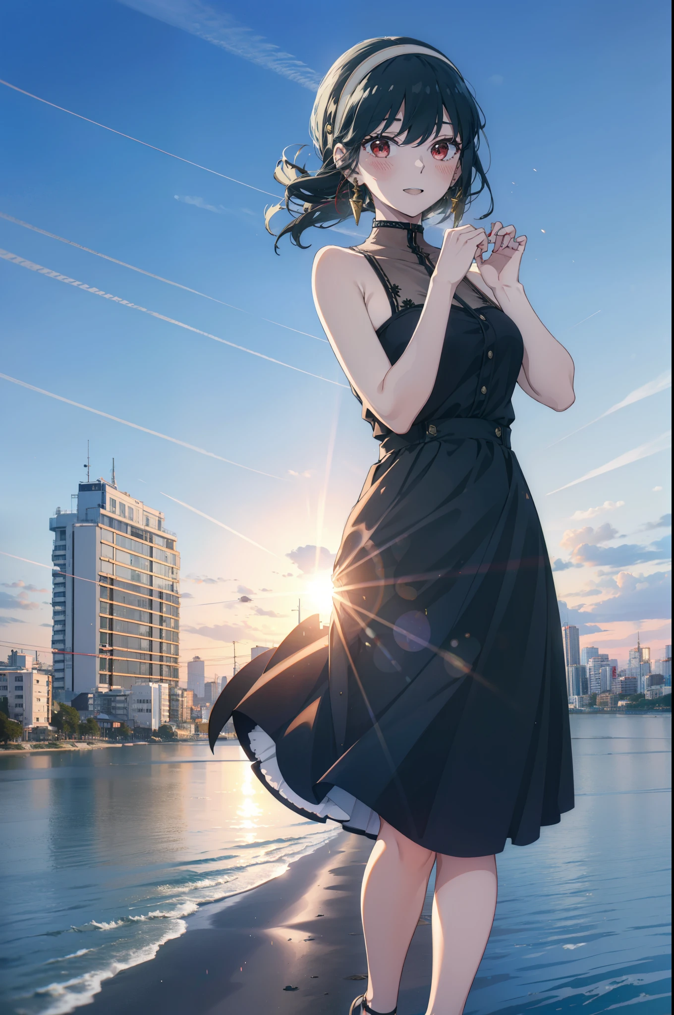 Your thorns, One girl, blush, Black Hair,Red eyes, hair band, jewelry, Earrings, happy smile, smile, Open your mouth, Black sleeveless dress,Bare arms,Long skirt,Cute Sandals,whole bodyがイラストに入るように,morning,morning陽,The sun is rising,
break looking at viewer,whole body,
break outdoors, city,construction area,Coastal Road,
break (masterpiece:1.2), highest quality, High resolution, unity 8k wallpaper, (shape:0.8), (Beautiful details:1.6), Highly detailed face, Perfect lighting, Extremely detailed CG, (Perfect hands, Perfect Anatomy),
