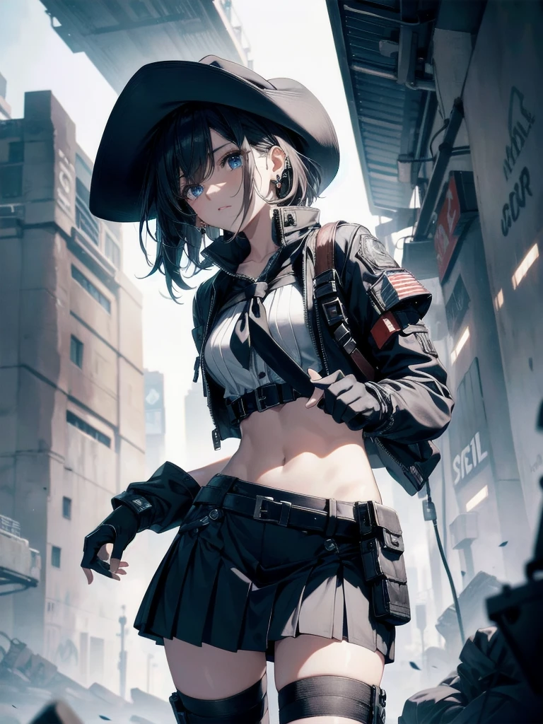 Sci-Fi fashion, high-tech gear, future, cowgirl costume, vest, cowboy hat, fingerless gloves, midriff, neckerchief, short skirt, holster, absurdres, RAW photo, extremely delicate and beautiful, masterpiece, Best Quality, ultra high resolution, 32k, hyperrealistic, ultra-detailed, detailed description, pale skin, 20 years old, tearful mole, earring, short medium hair, wavy hair, whole body shot,