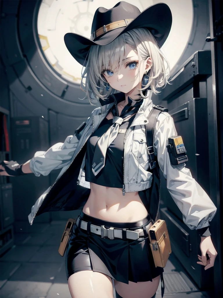 Sci-Fi fashion, high-tech gear, future, cowgirl costume, vest, cowboy hat, fingerless gloves, midriff, neckerchief, short skirt, holster, absurdres, RAW photo, extremely delicate and beautiful, masterpiece, Best Quality, ultra high resolution, 32k, hyperrealistic, ultra-detailed, detailed description, pale skin, 20 years old, tearful mole, earring, short medium hair, wavy hair, whole body shot,