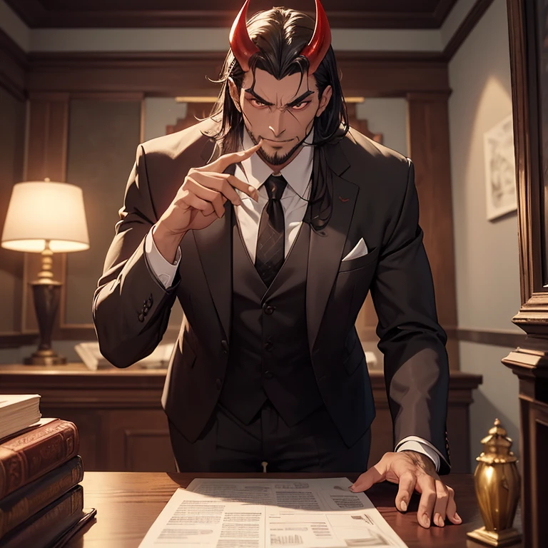 Crie imagem de "Satan loan shark". He must be represented as a demonic and imposing figure, with characteristics of Satan, but with a contemporary touch that reminds us of a loan shark. Classic demonic appearance with red skin, chifres negros curvados e olhos brilhantes, amber color. Traje elegante e moderno: um terno preto bem cortado, gravata vermelha e sapatos de couro brilhantes. Prominent cheekbones and mischievous smile with sharp, pointed teeth. Hands with long, sharp nails holding a stack of money or contracts. Deep environment reminiscent of a luxurious office, with a large mahogany table full of papers, contratos e pilhas de dinheiro. Decorating with subtle infernal elements, como chamas suaves nas paredes, a gargoyle figurine in a corner and moody red lighting. A half-open safe with more money and valuable items visible. Satan must be sitting behind the table, inclinado para frente, com um olhar penetrante e um sorriso sinistro, conveying power and intimidation. One of the hands may be pointing at the viewer or holding a contract, enquanto a outra repousa sobre a pilha de dinheiro. Alguns detalhes sutis que remetem ao inferno, like faint smoke coming from the horns or shadows that seem to move in the background. Facial expression should convey a combination of malevolent charm and implied threat, typical of a loan shark who is about to collect a debt.
