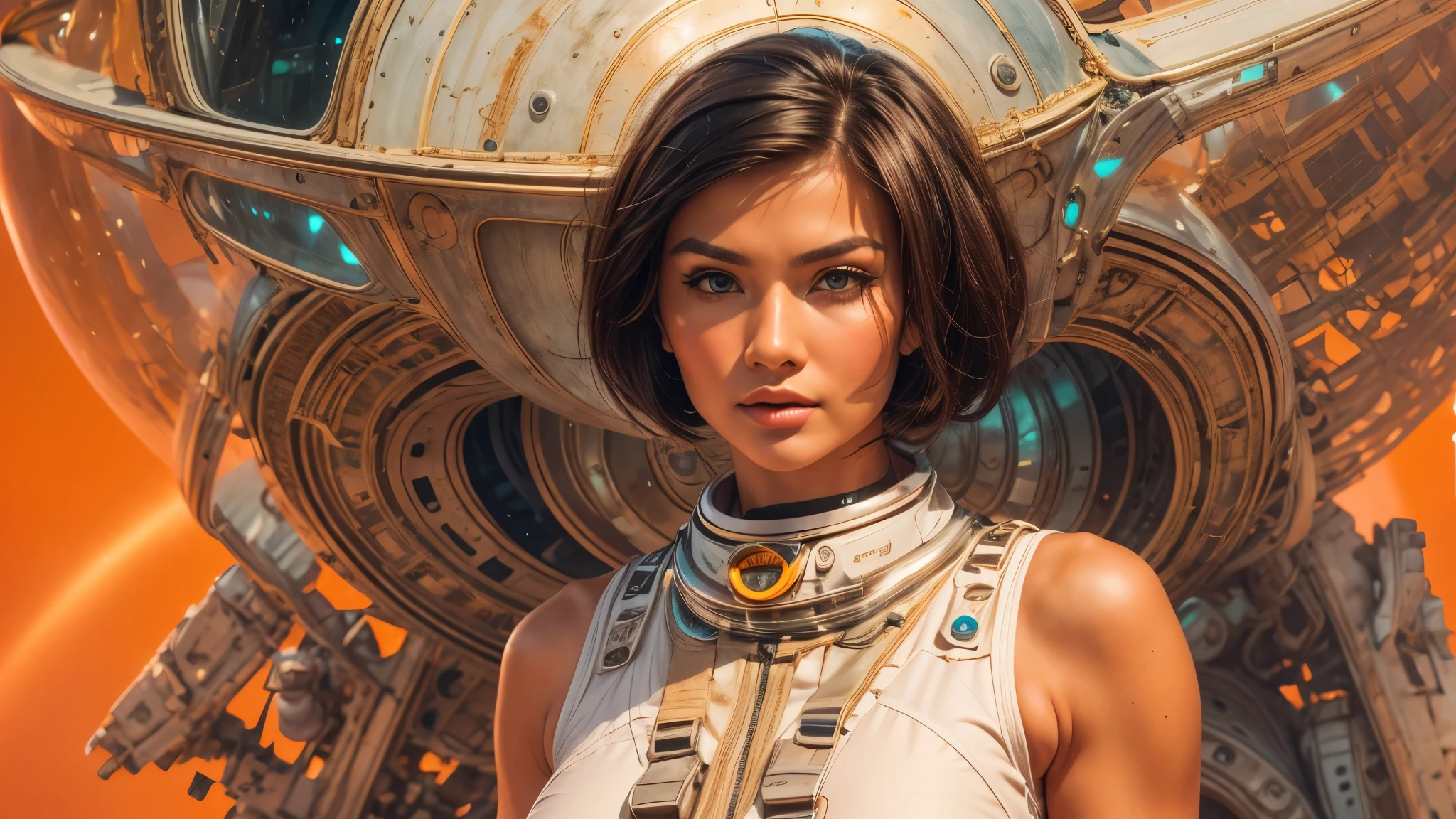 arafed image of a white woman in a futuristic suit with a spaceship in the background, movie art, in front of an orange background, inspired by Robert McGinnis, female protagonist, megastructure in the background, portrait of an ai astronaut, astronauts, an astronaut, portrait of a astronaut skeletor, perfect android girl, detailed eyes, perfectly detailed teeth, frank franzzeta and sakimichan
