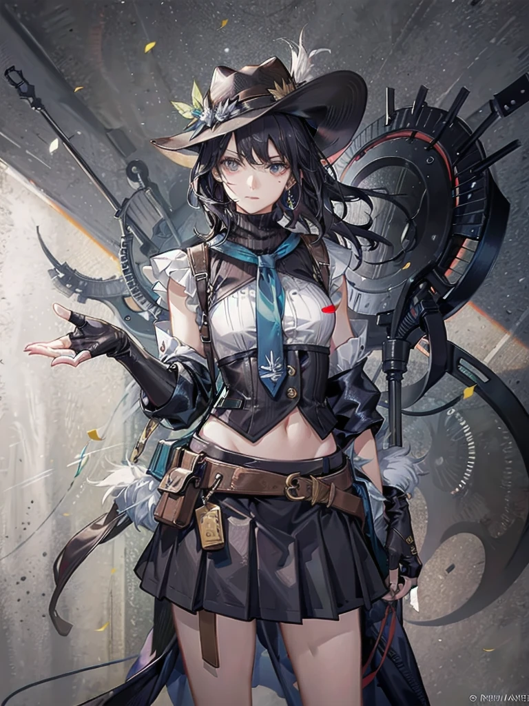 Sci-Fi fashion, high-tech gear, future, cowgirl costume, vest, cowboy hat, fingerless gloves, midriff, neckerchief, short skirt, holster, absurdres, RAW photo, extremely delicate and beautiful, masterpiece, Best Quality, ultra high resolution, 32k, hyperrealistic, ultra-detailed, detailed description, pale skin, 20 years old, tearful mole, earring, short medium hair, wavy hair, whole body shot,