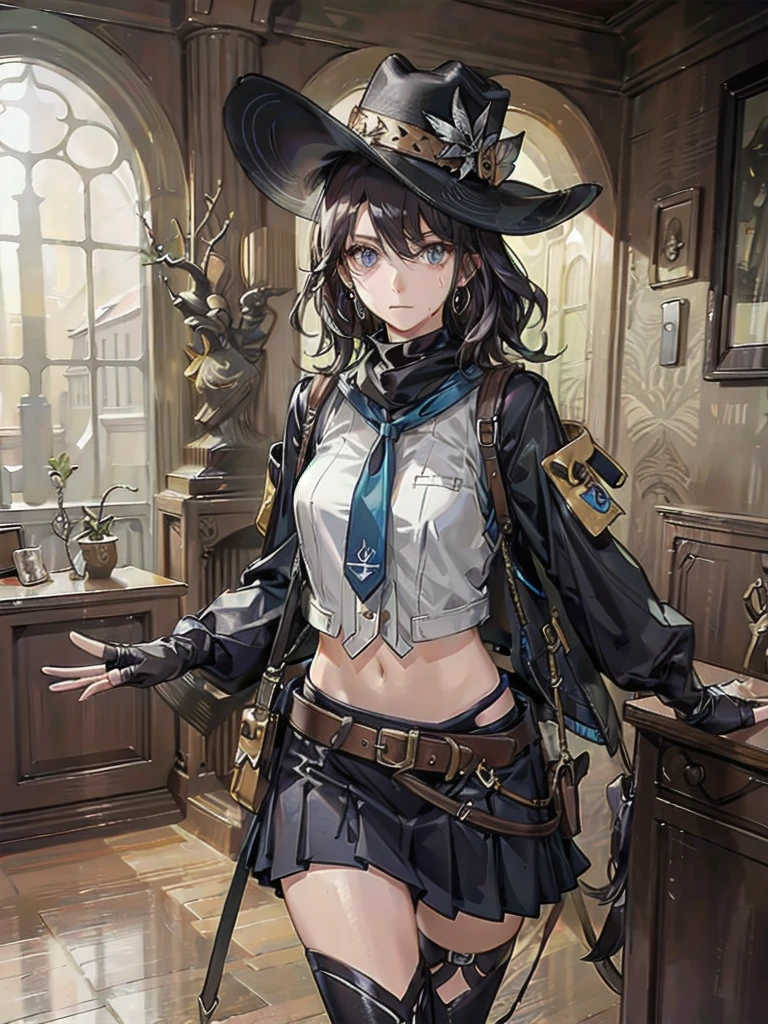 Sci-Fi fashion, high-tech gear, future, cowgirl costume, vest, cowboy hat, fingerless gloves, midriff, neckerchief, short skirt, holster, absurdres, RAW photo, extremely delicate and beautiful, masterpiece, Best Quality, ultra high resolution, 32k, hyperrealistic, ultra-detailed, detailed description, pale skin, 20 years old, tearful mole, earring, short medium hair, wavy hair, whole body shot,