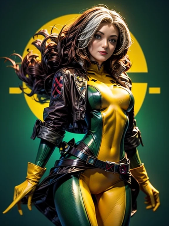 Olivia Wilde、masterpiece、High quality 4K、villain (X-Men)、Gothic Girl、Sculpted Body Gothic Makeup、Brown jacket、Yellow and green bodysuit、masterpiece、highest quality、Cowboy Shots、one personの女の子、one person、Technology Military Bodysuit、fringe