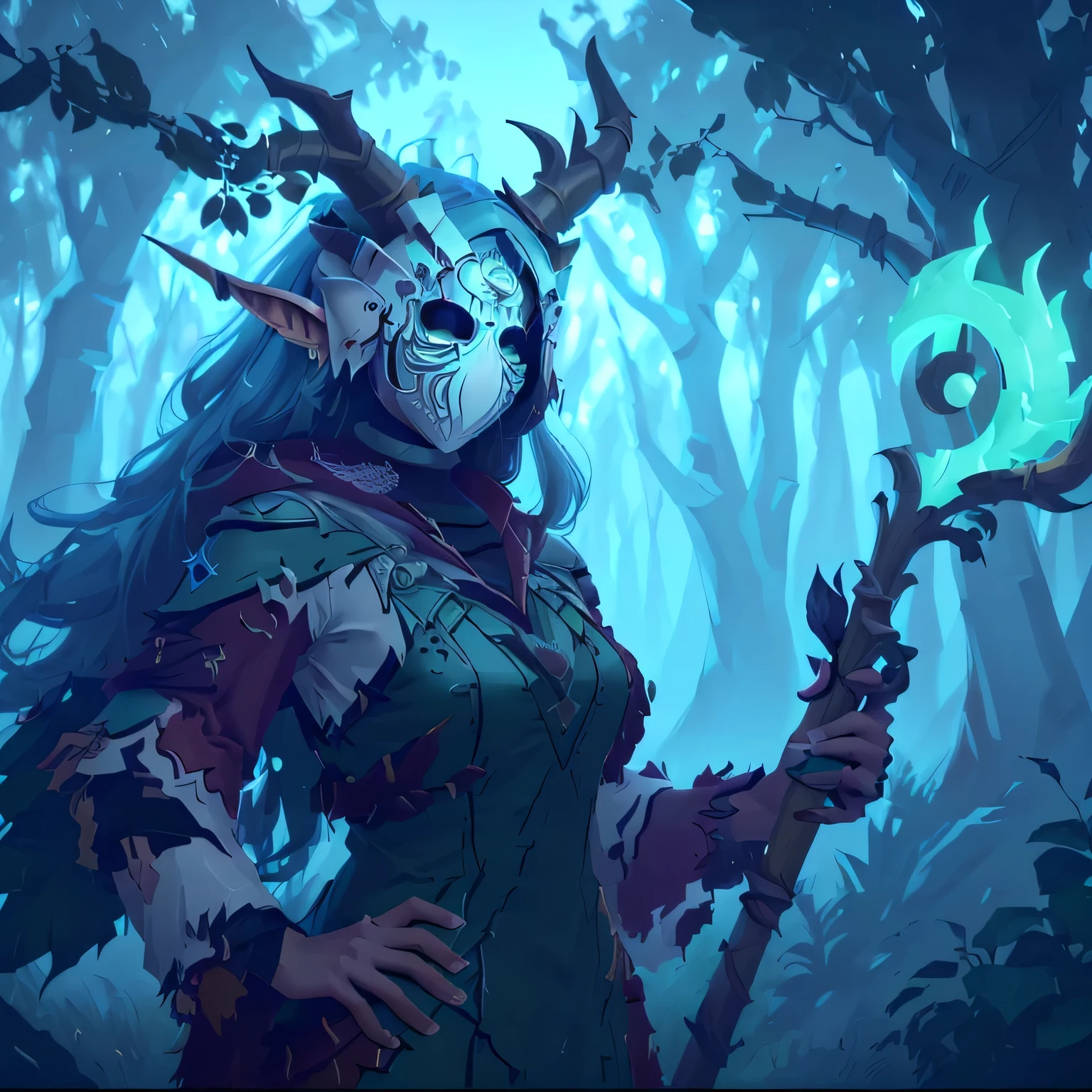 a close up of a woman with a horned head and a staff, druid portrait, world of warcraft elven druid, portrait of a forest mage, druid, nature druid, tree druid, beautiful female druid, alluring tiefling druid, fantasy hearthstone art style, druid goddess, female druid, 8 k hd wallpaperjpeg artifact, Green and White Mask