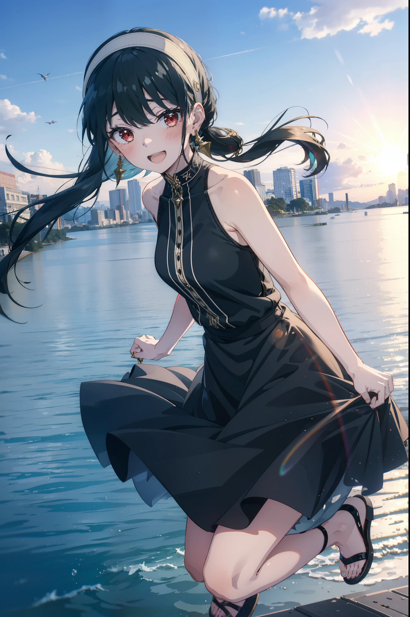 Your thorns, One girl, blush, Black Hair,Red eyes, hair band, jewelry, Earrings, happy smile, smile, Open your mouth, Black sleeveless dress,Bare arms,Long skirt,Cute Sandals,whole bodyがイラストに入るように,morning,morning陽,The sun is rising,
break looking at viewer,whole body,
break outdoors, city,construction area,Coastal Road,
break (masterpiece:1.2), highest quality, High resolution, unity 8k wallpaper, (shape:0.8), (Beautiful details:1.6), Highly detailed face, Perfect lighting, Extremely detailed CG, (Perfect hands, Perfect Anatomy),