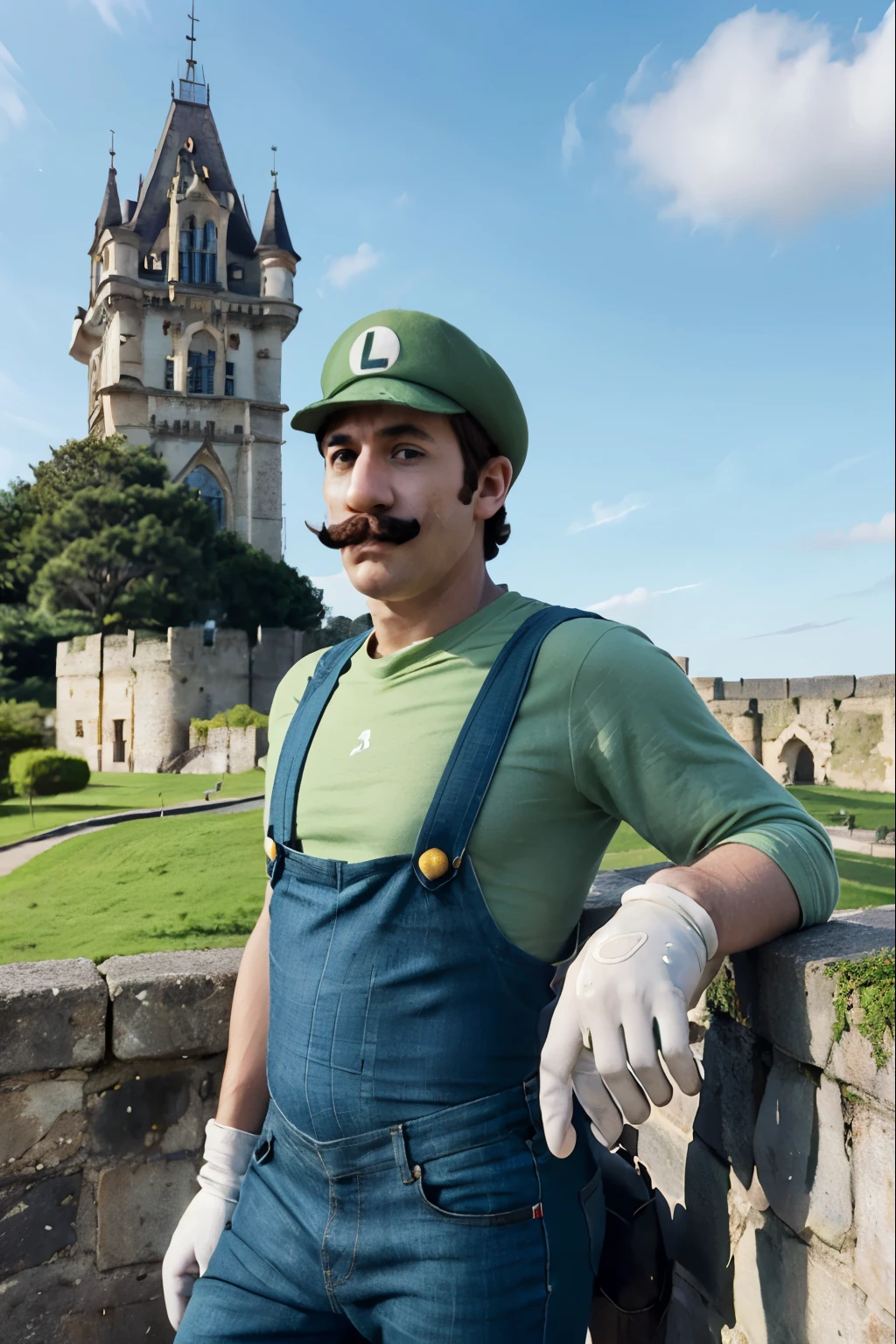 luigi, mustache, green shirt, overalls, green hat, white gloves, blue eyes,
looking at viewer, serious, outside, castle background, blue sky,  extremely detailed, hdr,