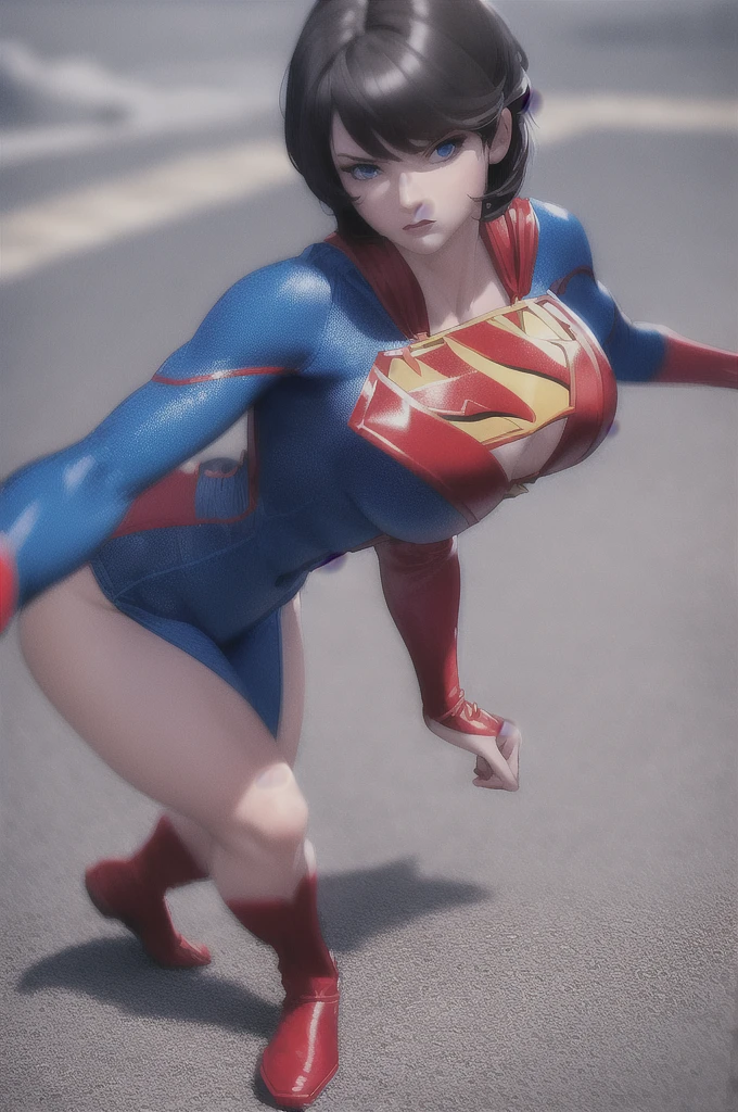 (masterpiece:1.4), (best quality), (detailed), (8k), (1girl, solo, sideways), (sidewalk), Clara Kent, superhero, bodysuit, short hair, red cape, blue eyes, wide hips, bending, bright dark blue costume.