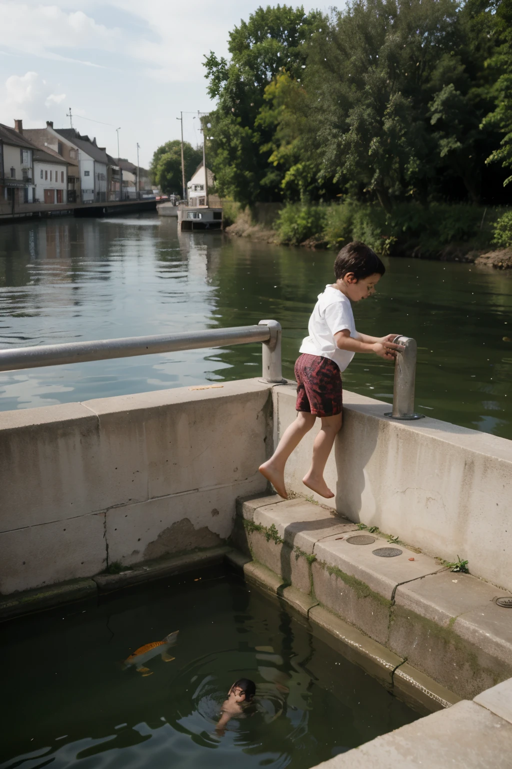 CHILDREN PLAY IN A LOCK WITH FISH