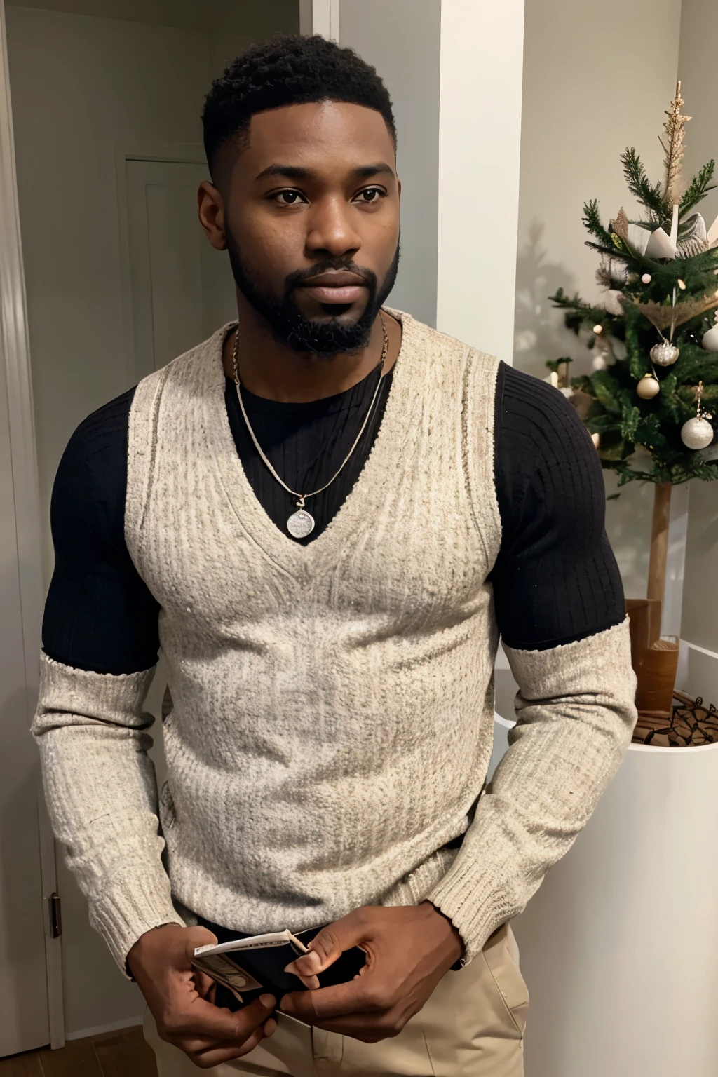 medium skinned black man with neatly trimmed short beard, short haircut, wearing a fine silver chain necklace and beige sweater with white stripes, standing and reading