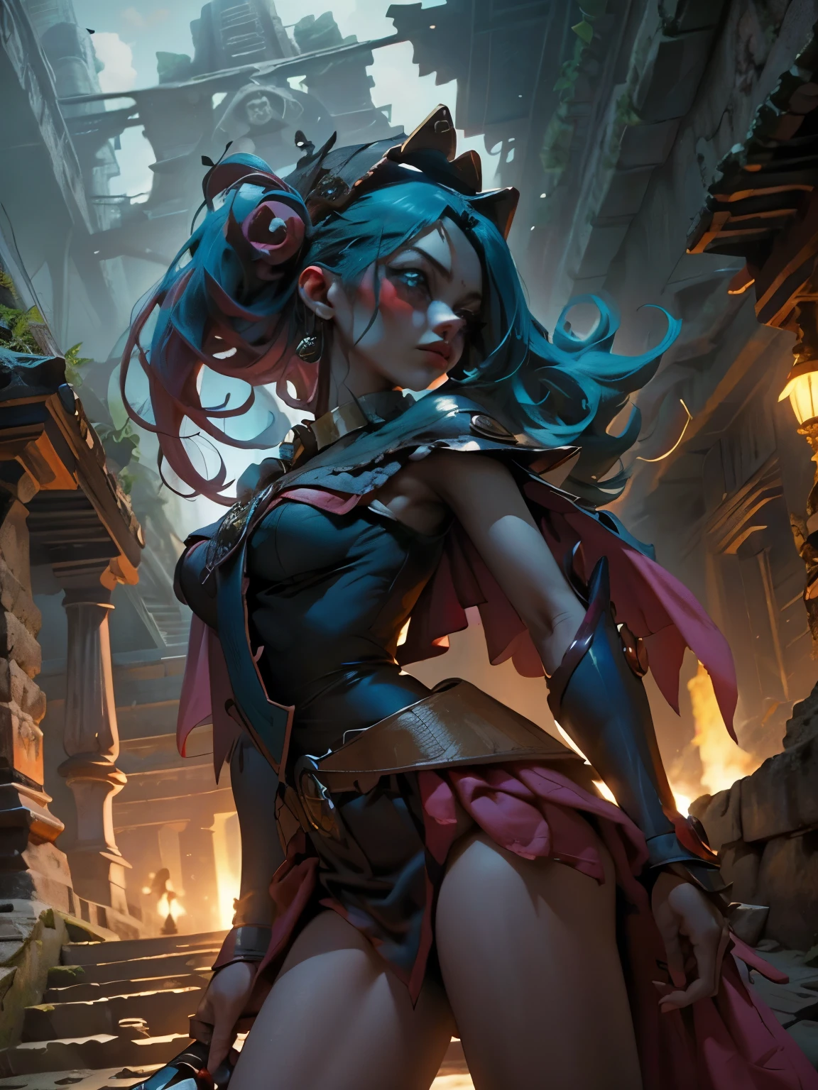 Hermosa y sensual dark magician gils vestida como Harley Quinn. pelo rojo y azul. Labios rojos. Ojos azules. Fondo de ruinas MAYAS De TIKAL. en medio de la selva . Ruina maya de Tikal. Pose amistosa