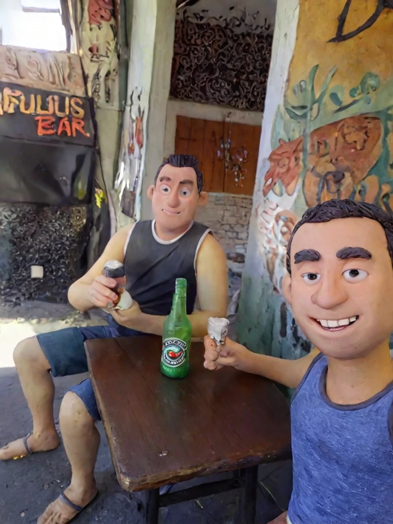 there are two people that are sitting together with a beer, very very low quality picture, profile image, with magical creatures, low quality photo, d & d party, with robot dragon head, very accurate photo, dragon in the background, profile picture 1024px, profile picture, vacation photo, photo taken in 2 0 2 0, golondrinas