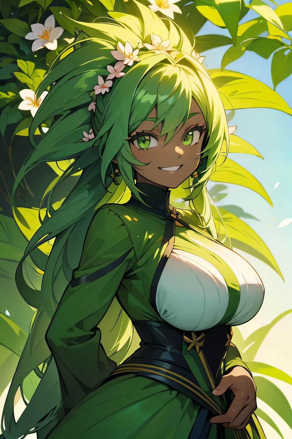 anime woman, green hair, plant like features, grins, dark skin, flowers in background