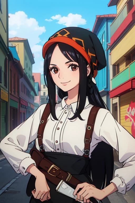 (best quality,4k,8k,highres,masterpiece:1.2), ultra-detailed, Animated, girl, mature face, long black hair, brown eyes, black hair, graffiti, girl graffer, durag, cool girl, flat, smile, 2 knives, bavarian outfit