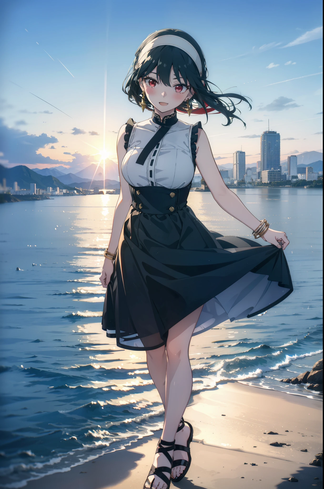 Your thorns, One girl, blush, Black Hair,Red eyes, hair band, jewelry, Earrings, happy smile, smile, Open your mouth, Black sleeveless dress,Bare arms,Long skirt,Cute Sandals,whole bodyがイラストに入るように,morning,morning陽,The sun is rising,
break looking at viewer,whole body,
break outdoors, city,construction area,Coastal Road,
break (masterpiece:1.2), highest quality, High resolution, unity 8k wallpaper, (shape:0.8), (Beautiful details:1.6), Highly detailed face, Perfect lighting, Extremely detailed CG, (Perfect hands, Perfect Anatomy),