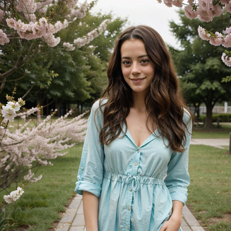 Kaya Scodelario with wavy hair dressed in sensual spring clothes and smiling
