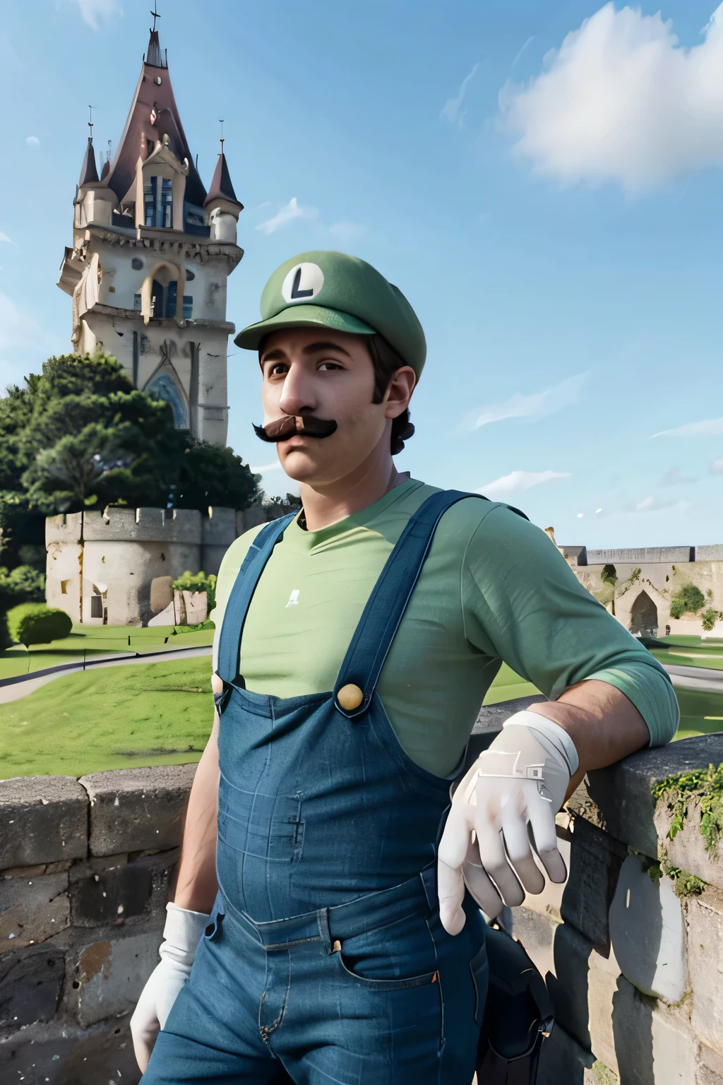 luigi, mustache, green shirt, overalls, green hat, white gloves, blue eyes,
looking at viewer, serious, outside, castle background, blue sky,  extremely detailed, hdr,