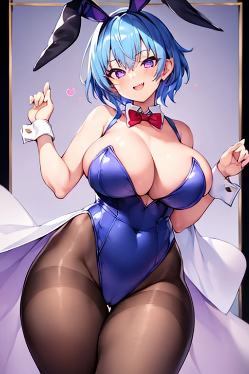 1girl, bunnysuit, bunny ears, blue hair, purple eyes, very short hair, pixie cut, ((fang)), fang, smile, black leotard, rabbit ears, huge breasts, thick thighs, pantyhose, bowtie, cleavage, red bowtie, cowboy shot, animal ear fluff, (petite), ((petite))