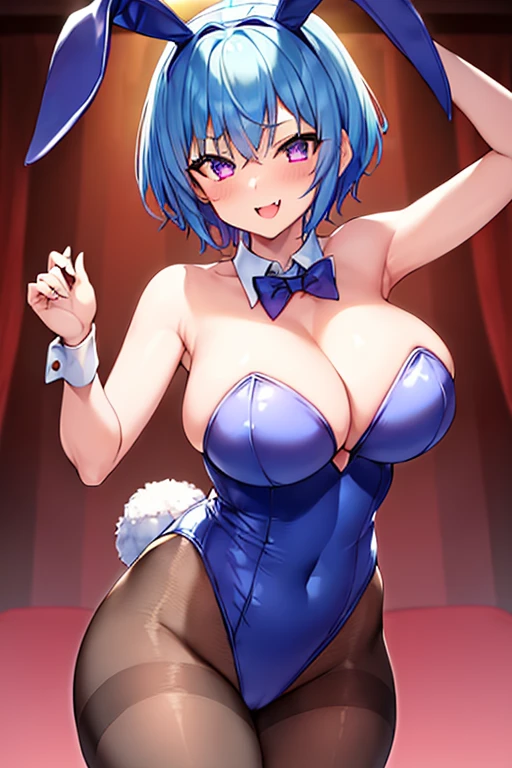 1girl, bunnysuit, bunny ears, blue hair, purple eyes, very short hair, pixie cut, ((fang)), fang, smile, black leotard, rabbit ears, huge breasts, thick thighs, pantyhose, bowtie, cleavage, red bowtie, cowboy shot, animal ear fluff, (petite), ((petite))