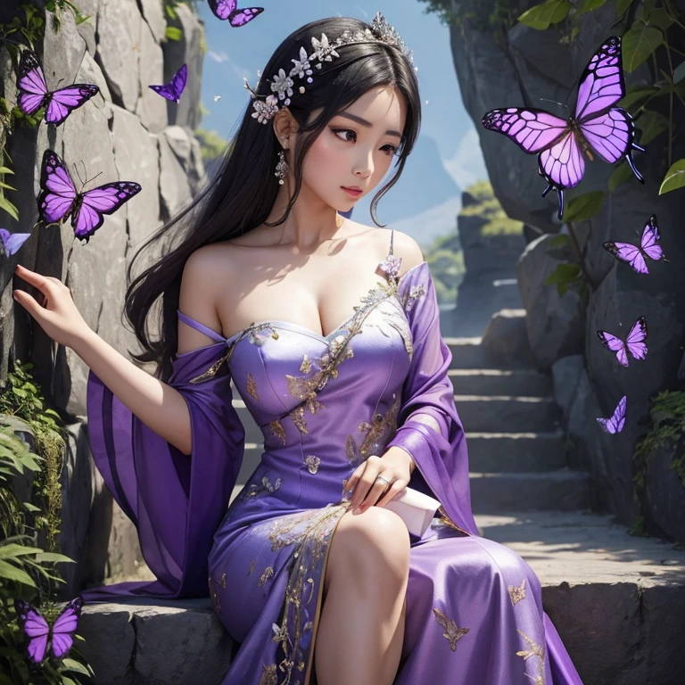 Beautiful dance pose, She gently lifted her skirt with one hand,头发周围有白色的Butterfly兰,Lilac dendrobium、White Lily, Long legs , Deep in Wonderland, ((Flowing long hair))Official Art , Unity8k Wallpaper , Extremely detailed , Visible cleavage, Pretty and beautiful , 性感Long legs, masterpiece , best quality ,Practical, Very detailed illustrations ,Extremely detailed , Intricate details , Extremely complex and detailed , Very detailed 8KCG wallpaper , Caustics .reflection , Ray Tracing , Devil theme ,nebula ,Dark aura, Network Effects , (1 girl)solitary , 小蓝Butterfly , (Blue plasma flame , (insect , Butterfly)) Pastel tones in Rococo style ,Light white and light dark red , Incredibly beautiful , Cherry blossoms , Surrealism ,painting , Ethereal , Mixing reality and fantasy elements ,Ray Tracing , Complex Mode , Exquisite lines , Perfect your hands, Starry Sky , Colorful , Star