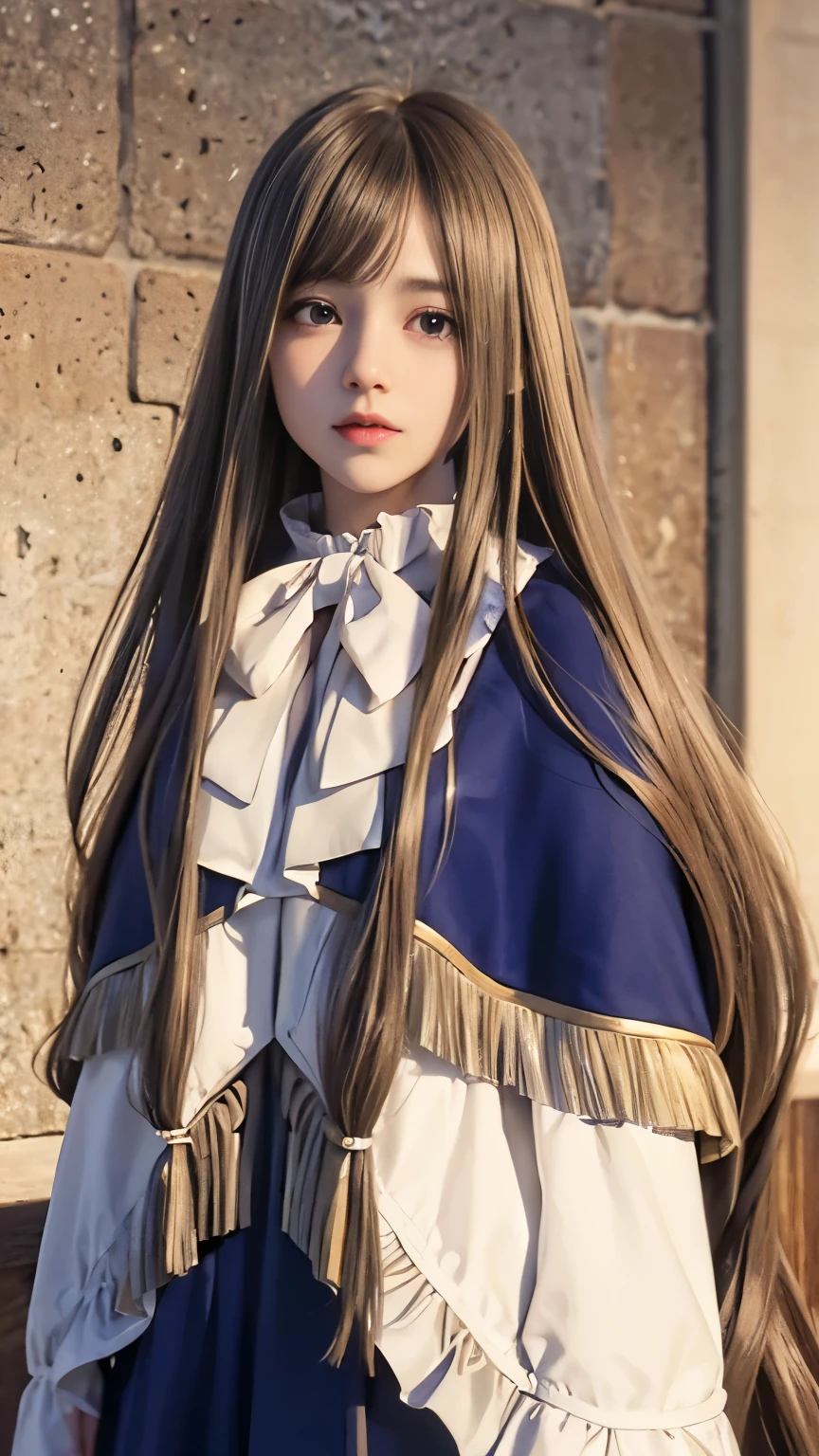 sense, long hair, brown hair, hair between eyes, (brown eyes:1.5), very long hair, ahoge,bow, bowtie, white bow, capelet, blue capelet, frills, wide sleeves,Stone Dungeon, Long chest-length bangs