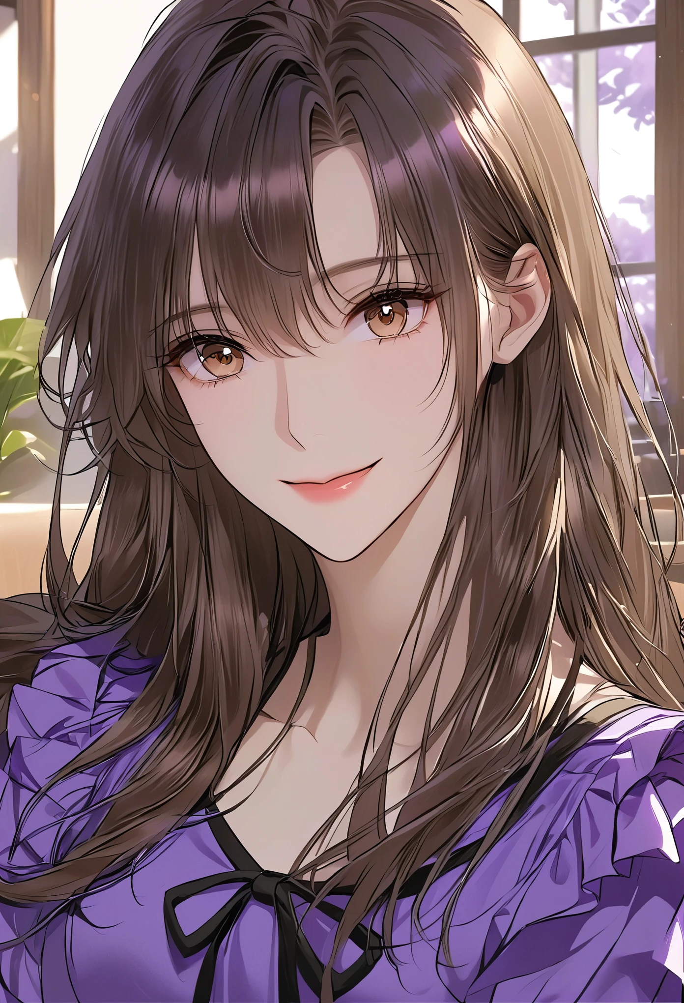 girl，single，Brown hair，Long hair，Brown eyes，clavicle，Smile，Parted lips，分开的Bangs，Purple clothes，living room，Bangs，Black Ribbon，Eyes can be seen through the hair，