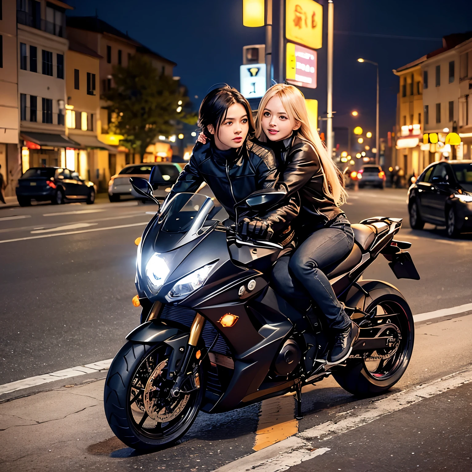 Claro! Imagine uma noite estrelada em uma cidade vibrante, where street lights paint the asphalt in golden hues and buildings stand out against the dark sky. Two girls are riding a black Kawasaki motorcycle, cutting the silence of the night with the roar of the engine. The driver is dressed in an all black outfit, ajustada ao corpo, exuding confidence and determination. The passenger is behind her, his arms wrap around the driver&#39;s waist firmly, while your head rests gently on your back, conveying a sense of comfort and intimacy. The streets are deserted, giving them both a feeling of freedom as they roam the sleepy city.