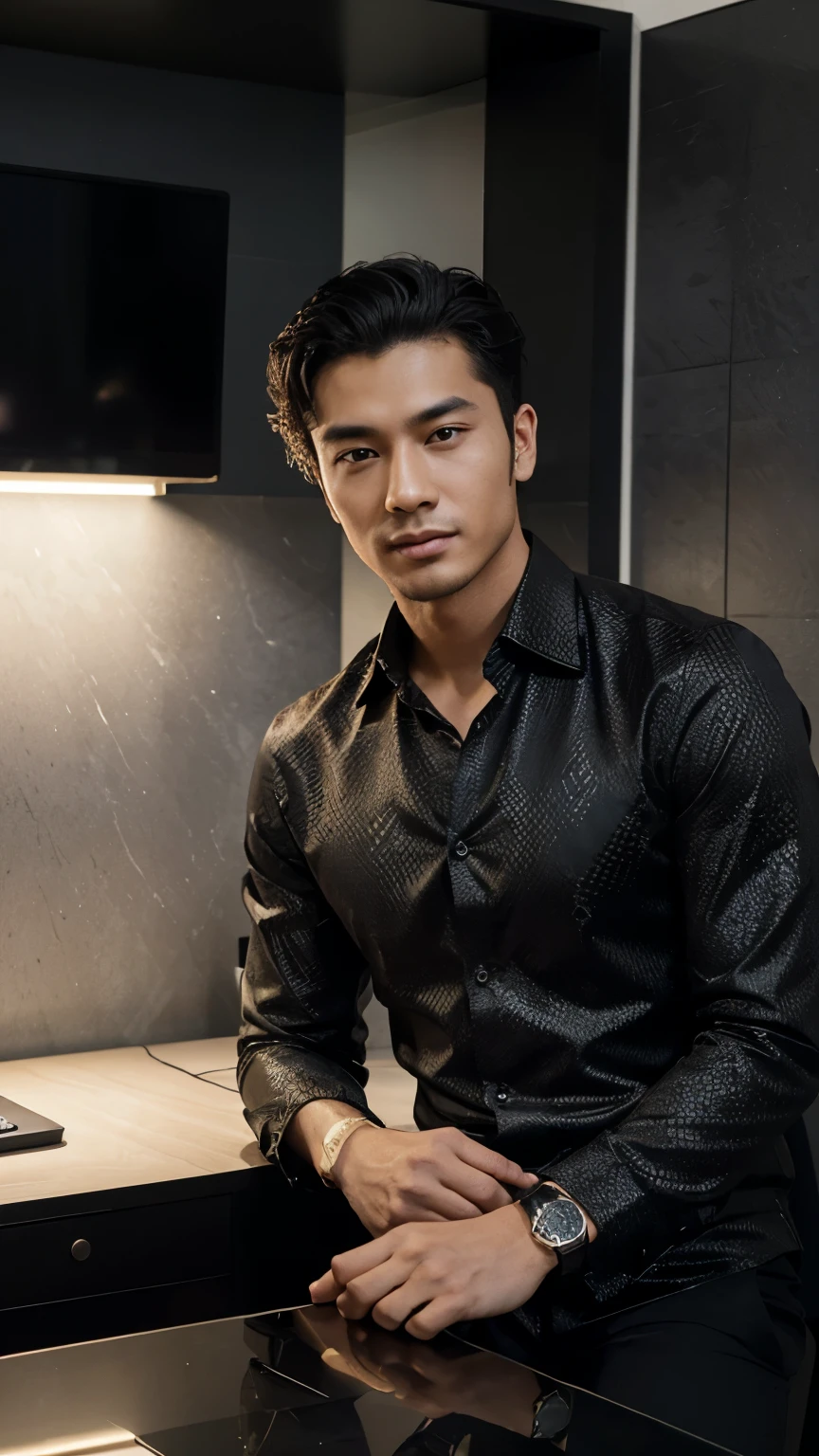 Create a realistic image of a happy, handsome, charismatic young Asian man with model-like features. He has slightly curly hair and is dressed in a black patterned shirt with rolled-up sleeves and a smart watch on his wrist. The man is sitting at a desk in his posh, modern black-furnished apartment in Dubai. On the desk is a laptop that visually resembles a money printing machine. The scene should exude a sense of success, modernity, and sophistication.
Elements:
Character Details:
Young Asian man
Handsome and charismatic
Slightly curly hair
Wearing a black patterned shirt with rolled-up sleeves
Smart watch on his wrist
Environment:
Posh, modern black-furnished apartment
Located in Dubai
Props:
Desk
Laptop that indirectly represents a money printing machine
Mood and Tone:
Realistic
Happy and successful
Sophisticated and modern
Image Composition Tips:
Ensure the man's facial expression conveys happiness and charisma.
Highlight the details of the black patterned shirt and smart watch.
Use lighting to enhance the luxurious feel of the apartment.
Make the laptop a focal point, subtly indicating it as a money-making tool.
Use a background that showcases elements of a modern, high-end Dubai apartment.