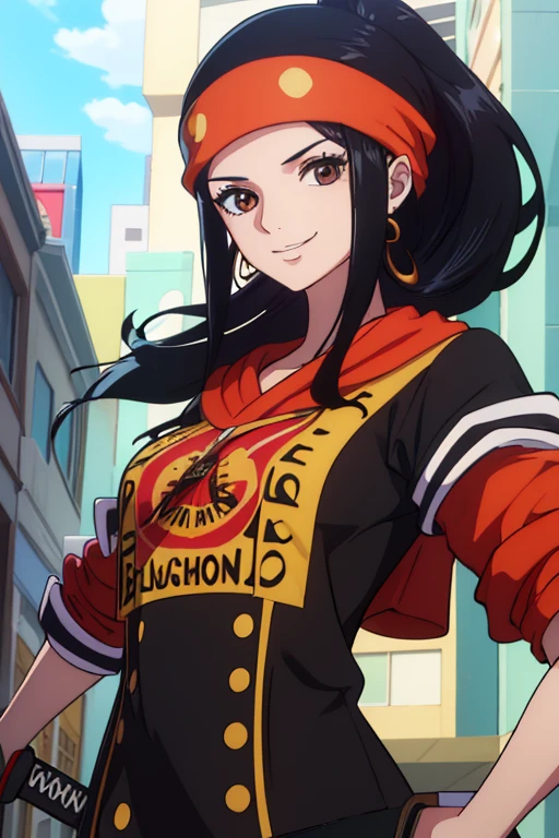 (best quality,4k,8k,highres,masterpiece:1.2), ultra-detailed, Animated, girl, mature face, long black hair, brown eyes, black hair, graffiti, girl graffer, durag, cool girl, flat, smile, 2 knives swords on the back