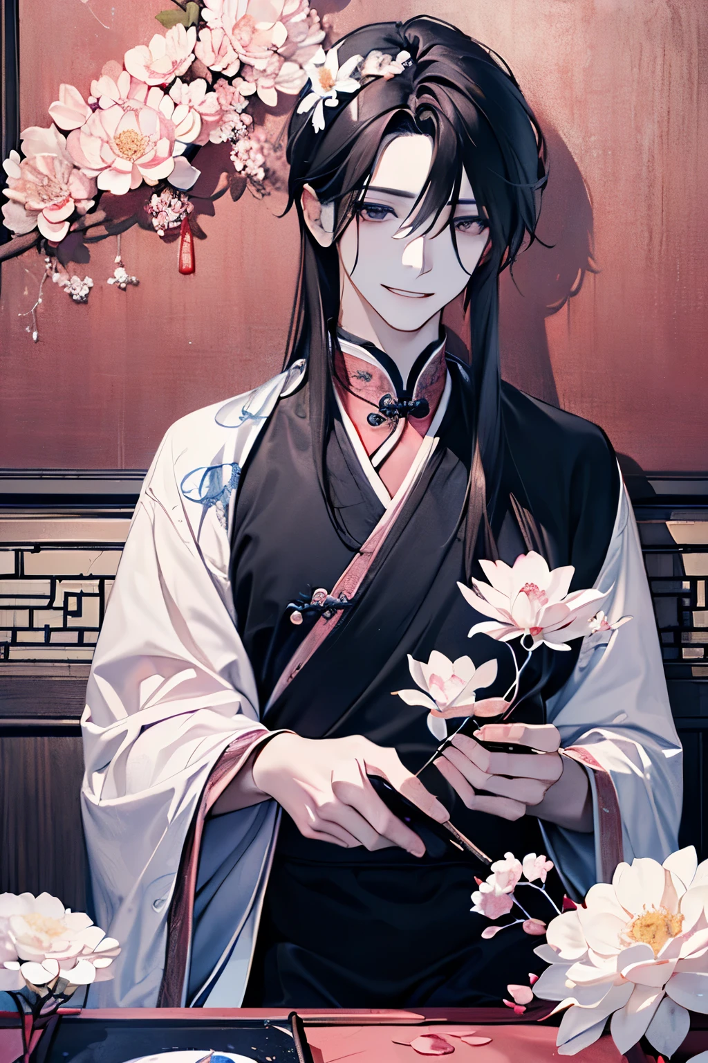 (old male:1.45)、(masterpiece、highest quality、highest quality、Beautiful and beautiful:1.2)、(Good anatomy:1.5)、Painting of a male with milky brown long hair、Shy smile、Sparkling Eyes、looking at the camera、Emerging from among the flowers and leaves、(sunny days:1.45)、(pink、black:1.2)、(Chinese:1.25)、(Lying on the futon:1.5)、Close-up of face