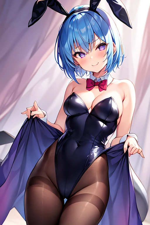 1girl, bunnysuit, bunny ears, blue hair, purple eyes, very short hair, pixie cut, ((fang)), fang, smile, black leotard, rabbit ears, laege breasts, thick thighs, pantyhose, bowtie, cleavage, red bowtie, cowboy shot, animal ear fluff, (petite), ((petite)), highleg leotard, real animal ears