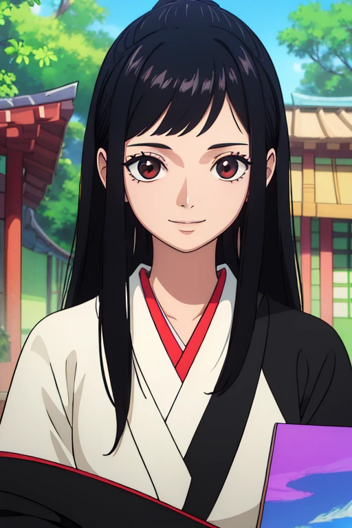 (best quality,4k,8k,highres,masterpiece:1.2), ultra-detailed, Animated, girl, mature face, long black hair, brown eyes, black hair, cool girl, flat, smile, she is painting , japanese clothes