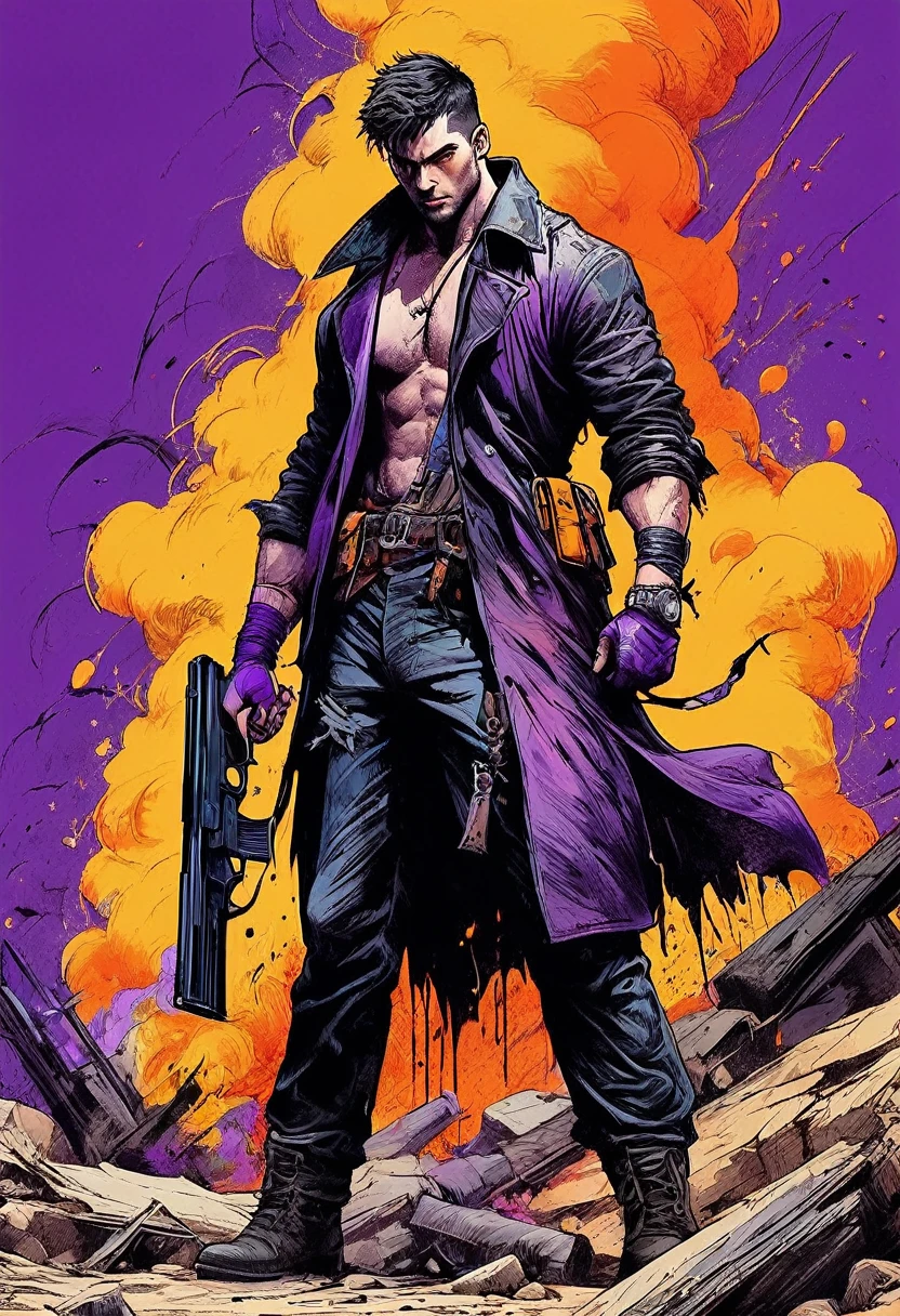 dark and torn, 1 young man, beautiful muscular body, fierce expression, holding a gun, (colors on his clothes, warm, orange, yellow, violet: 1.3), standing on a desolate terrain, dramatic lighting, intense shadows, sandy texture , high contrast, vibrant colors, dynamic pose, powerful stance, rough background, explosive atmosphere, dystopian theme, surreal elements, digitally painted illustration, HD resolution, intricate details, dramatic composition, avant-garde and chaotic brush strokes, gothic style, intense emotions, Scale epic, raw and gritty feel, captivating and provocative artwork.