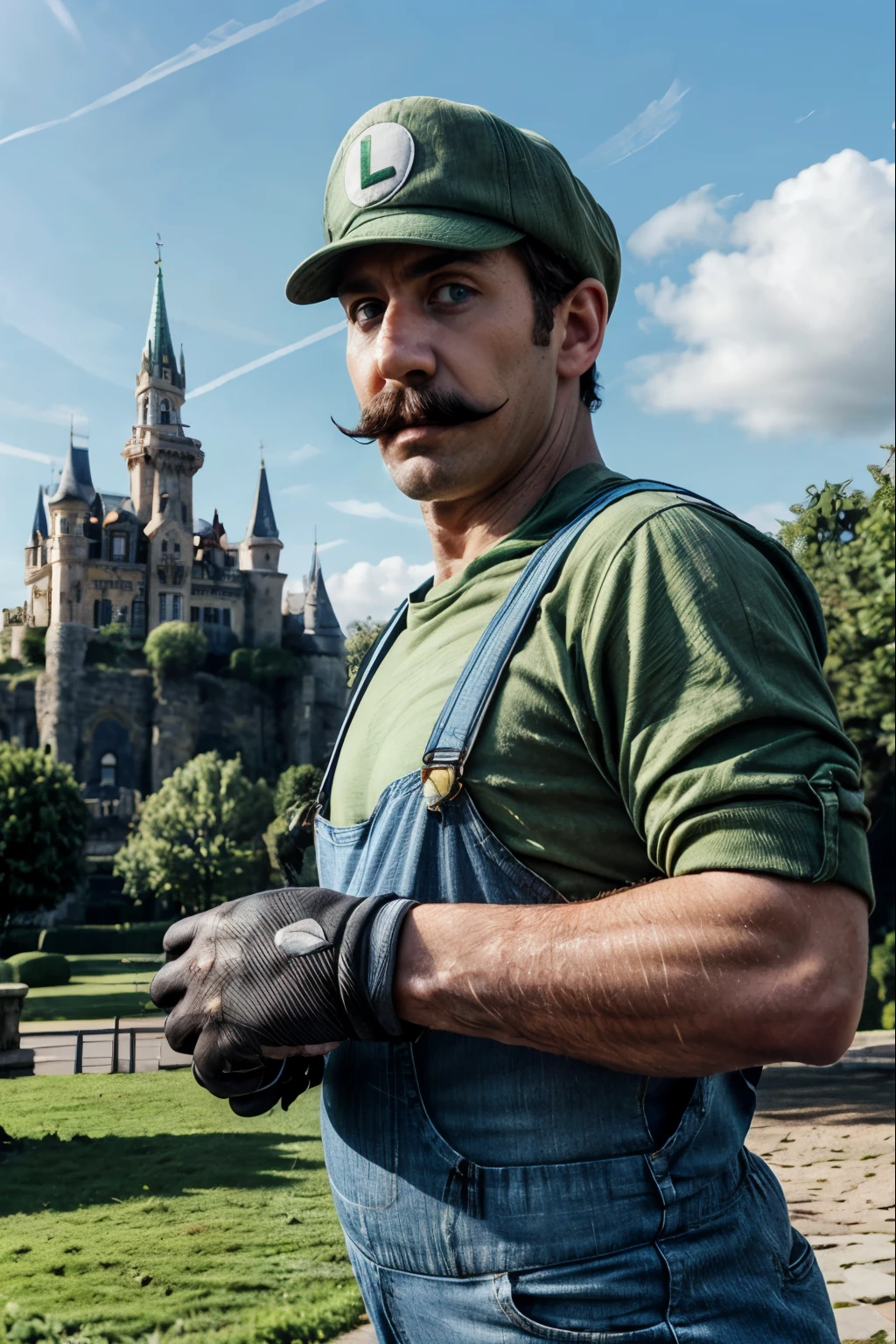 luigi, mustache, green shirt, overalls, green hat, white gloves, blue eyes,
looking at viewer, serious, outside, castle background, blue sky,  extremely detailed, hdr,