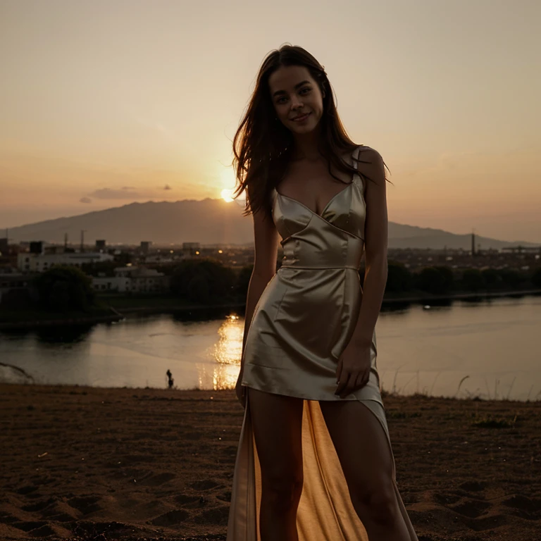 Kaya Scodelario in a sunset dressed in elegant and sensual clothes and smiling