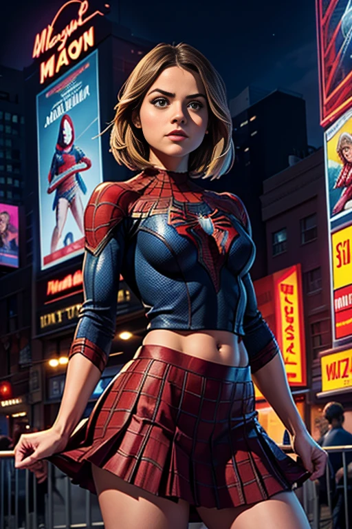 Jenna Louise Coleman、マーベルコミックの映画Poster、so beautiful、Movies about Spider-Man、y、whole body、Wearing a skirt、Premiere Date、Poster、belly but突き出す、new york、She&#39;s wearing a ripped Spiderman suit、The suit is torn、Wearing a skirt、Red and black color scheme、dynamic、masterpiece、highest quality、Super detailed、Very detailed、Delicate and beautiful shine、Ultra-high resolution、Cinematic、break、breakドロップ、(Torn clothes:1.5)、(Wet clothes:1.4)、Bare shoulders、Real Rain、Wet Hair、belly button、sed Skin、sexyな肩を披露